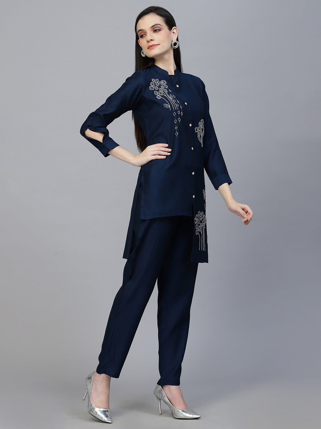 Blue Hand Embroidered Viscose Rayon Ready Made Co-Ord Set