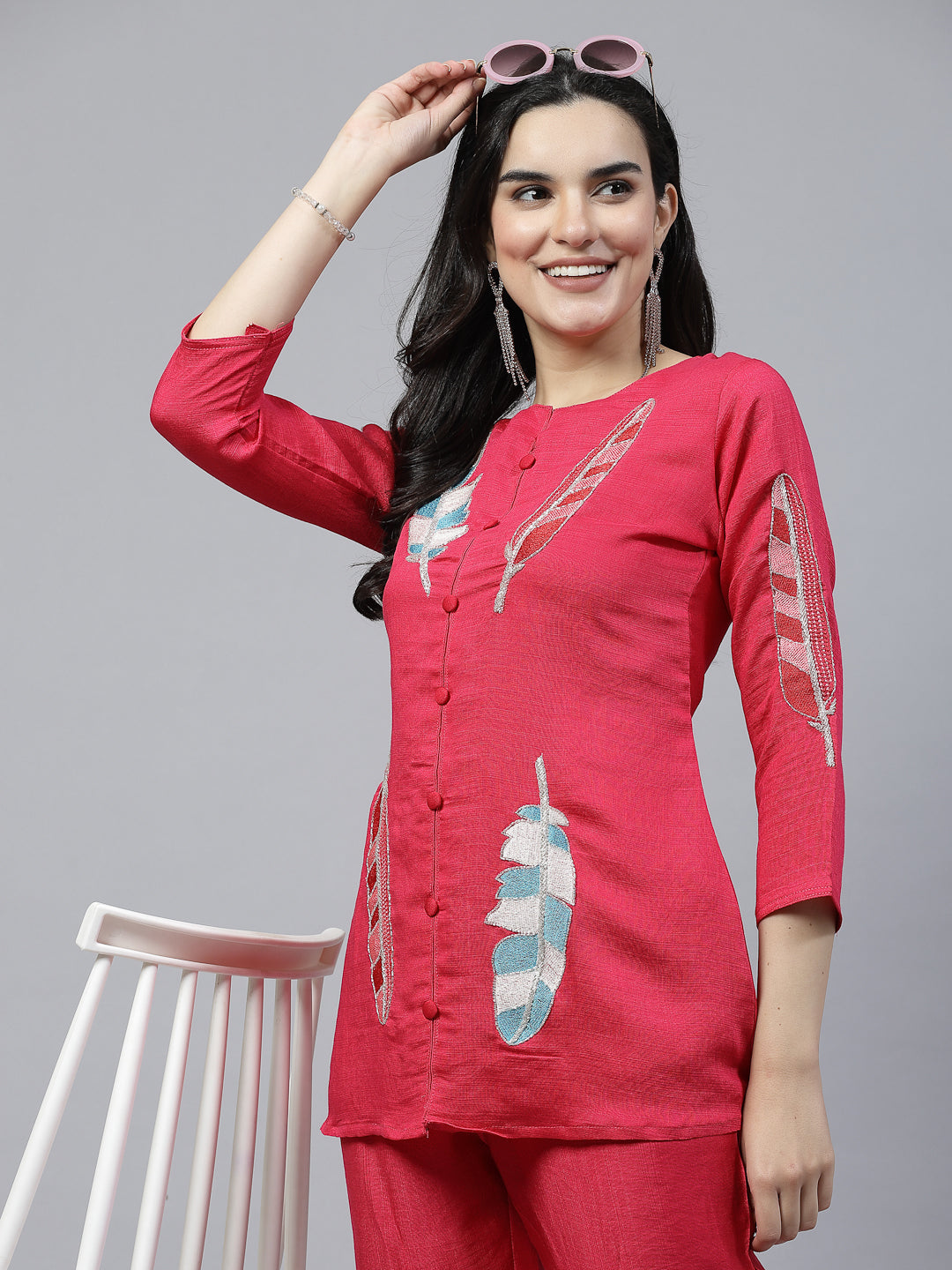 Rani Color Hand Embroidered Pure Cotton Ready Made Co-Ord Set