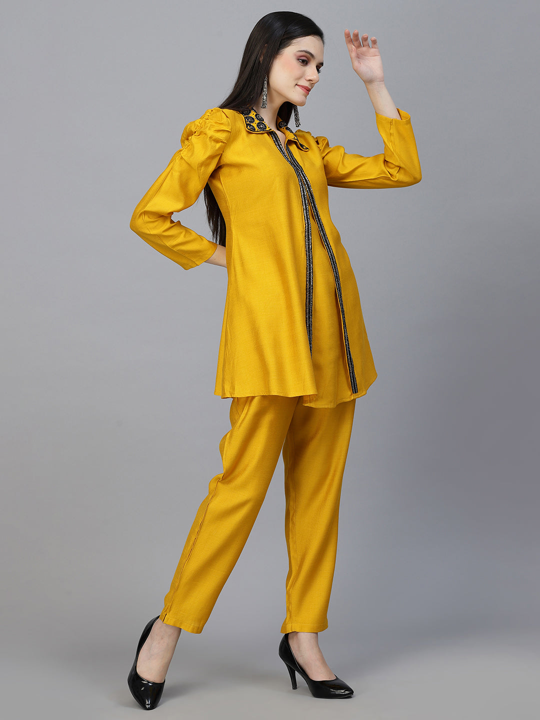 Mustard Color Hand Embroidered Viscose Rayon Ready Made Co-Ord Set