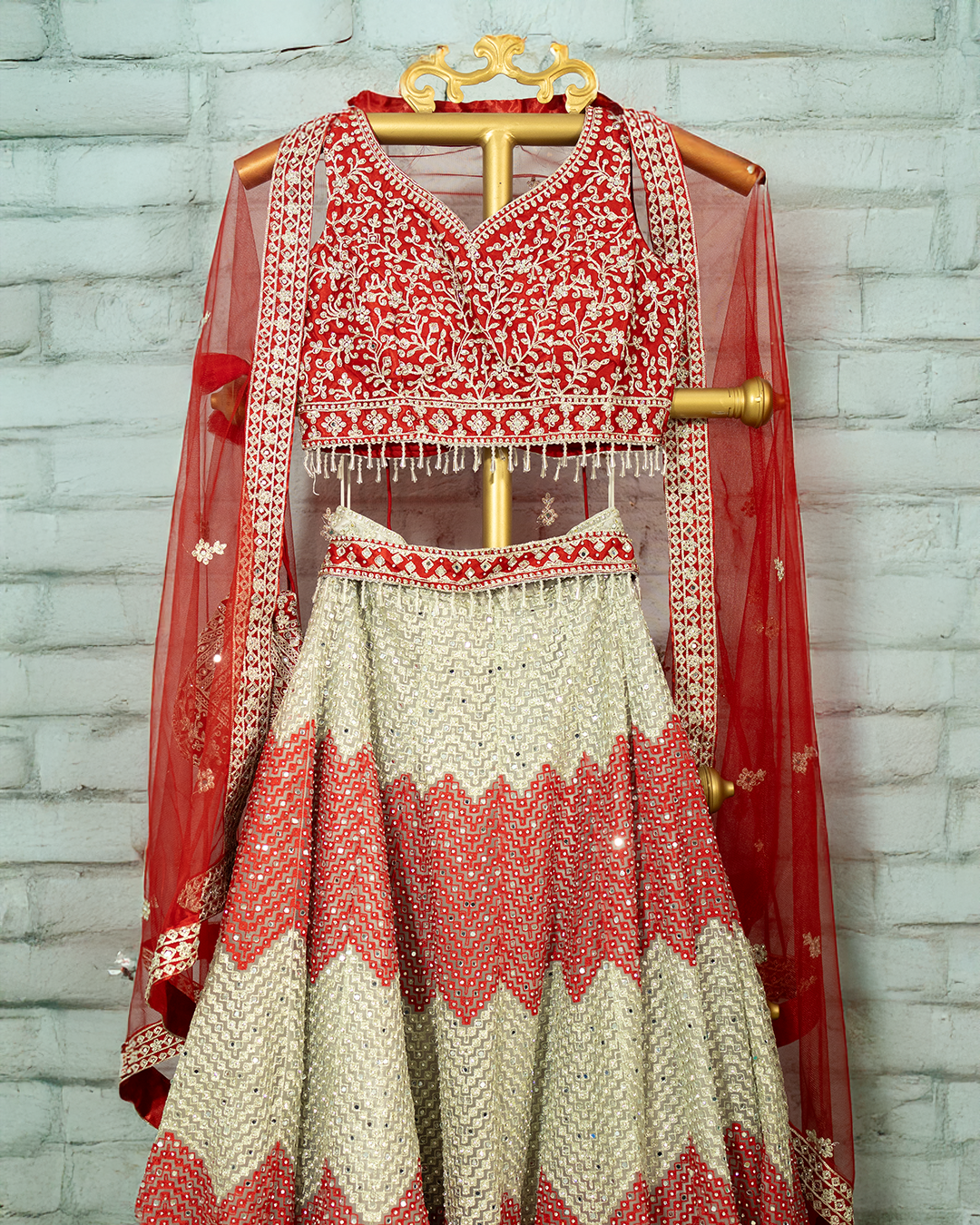Red Heavy embroidered Netted Readymade Lehenga