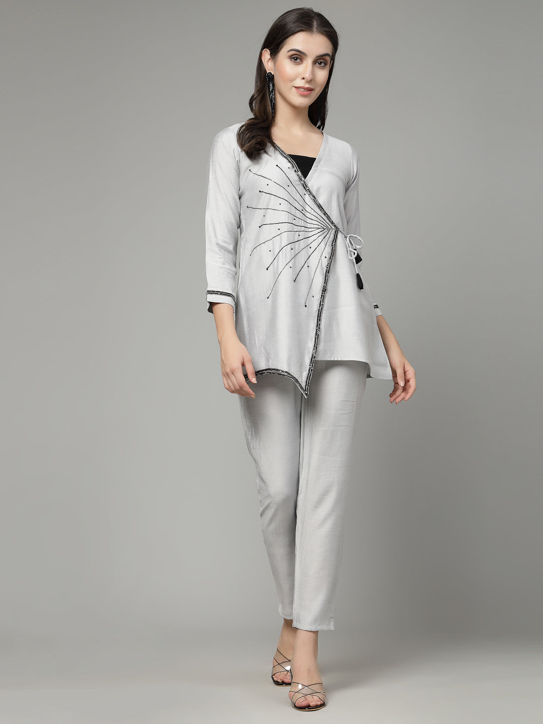 Grey Color Hand Embroidered Viscose Rayon Ready Made Co-Ord Set