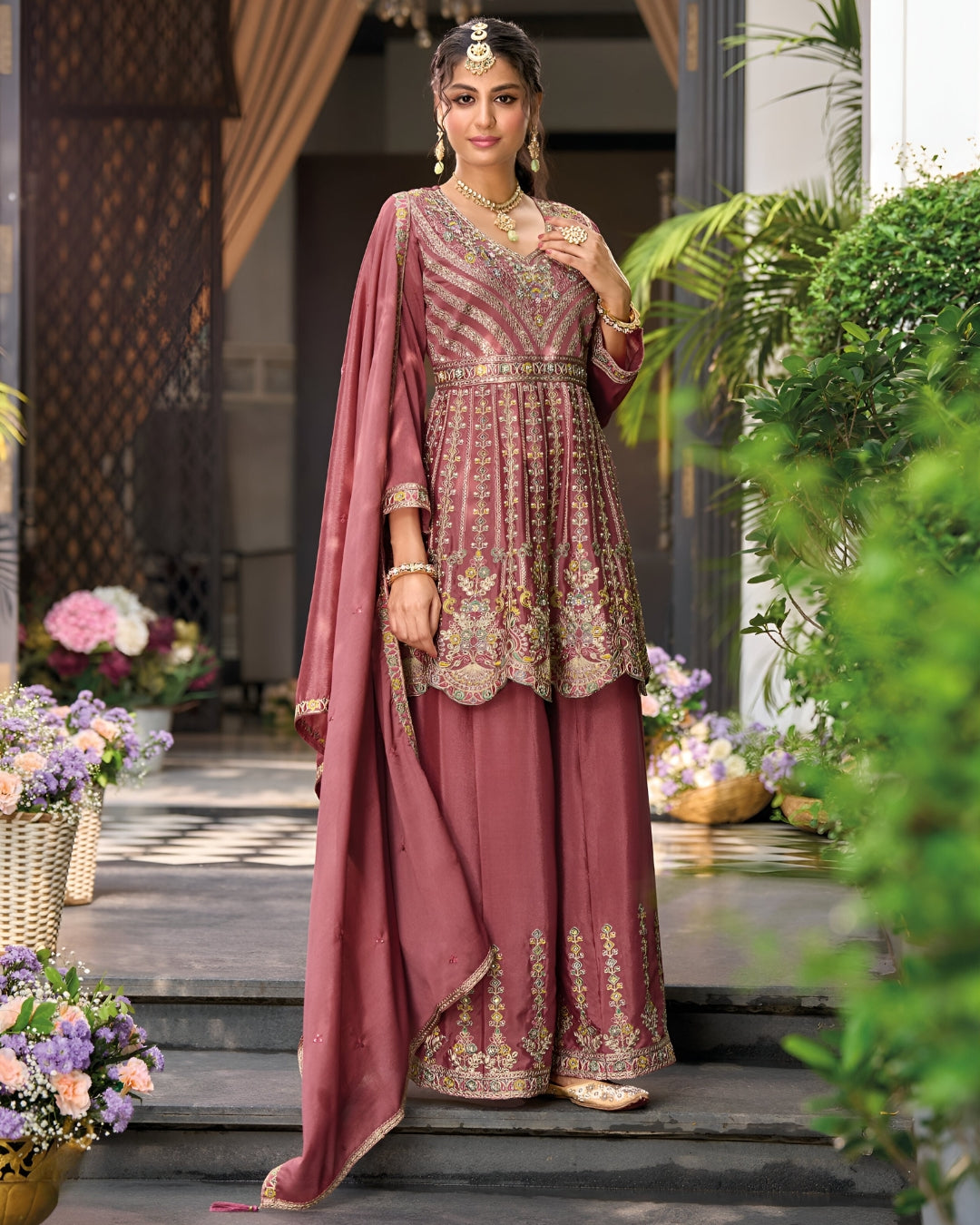 Light Pink Emboidery Heavy Chinon Readymade Sharara Set