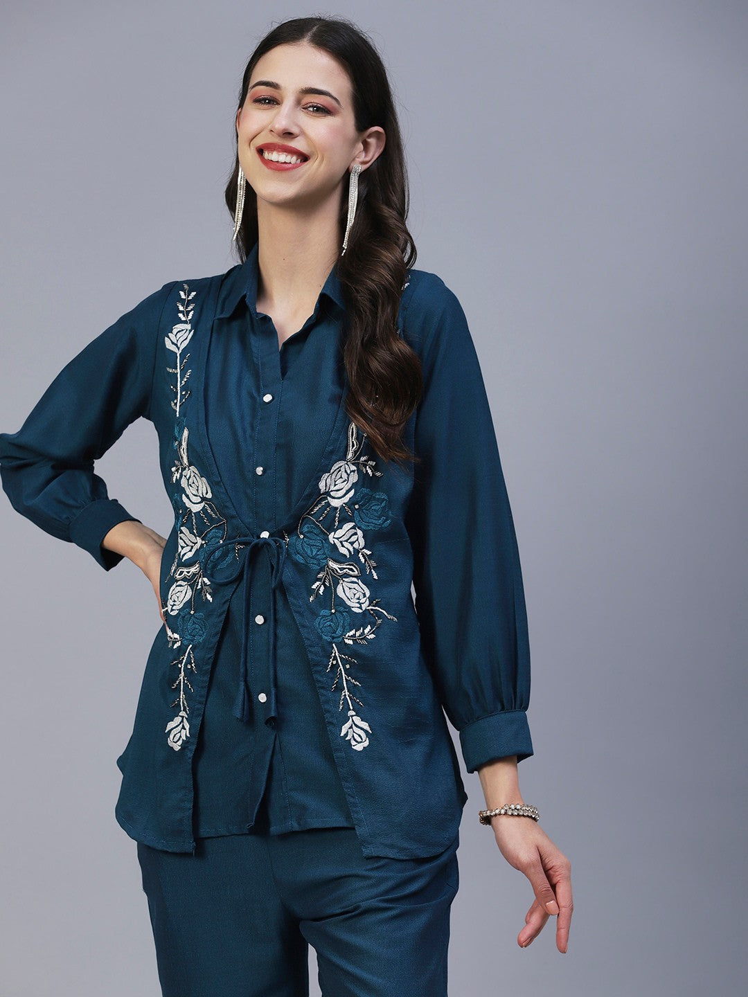 Peacock Blue Hand Embroided Vatican Fabric Ready Co-Ord Set