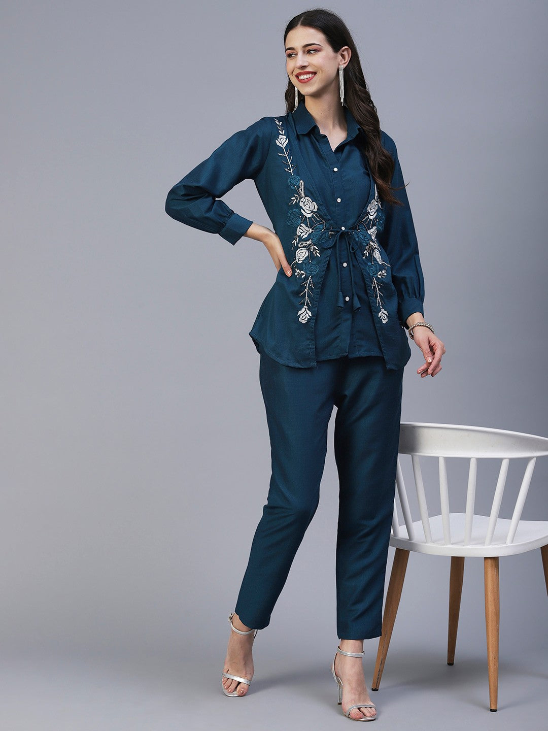 Peacock Blue Hand Embroided Vatican Fabric Ready Co-Ord Set