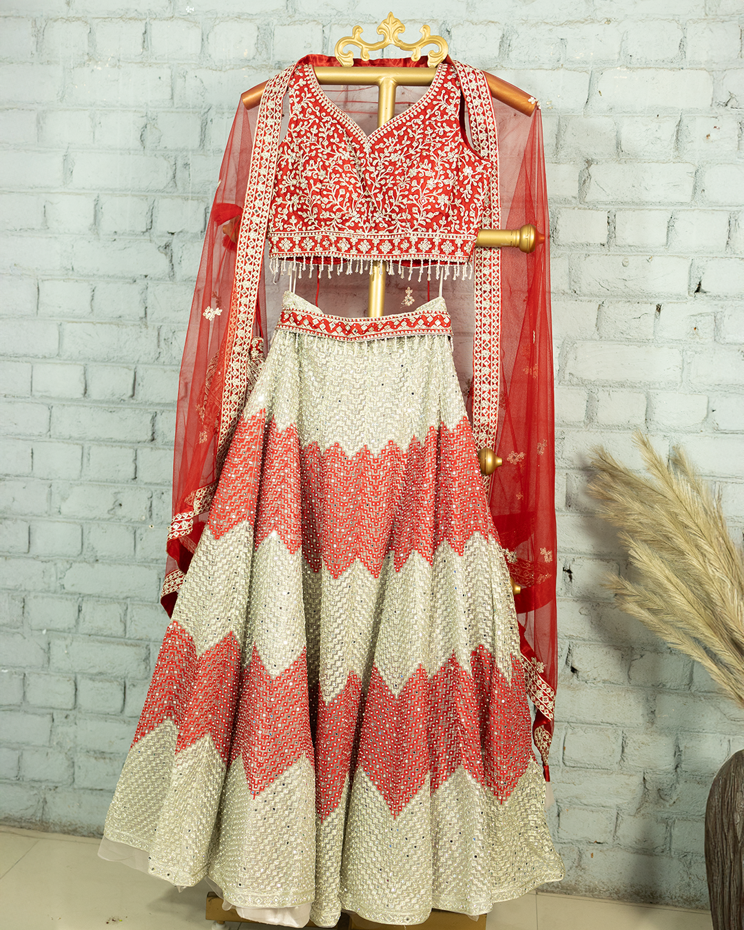 Red Heavy embroidered Netted Readymade Lehenga