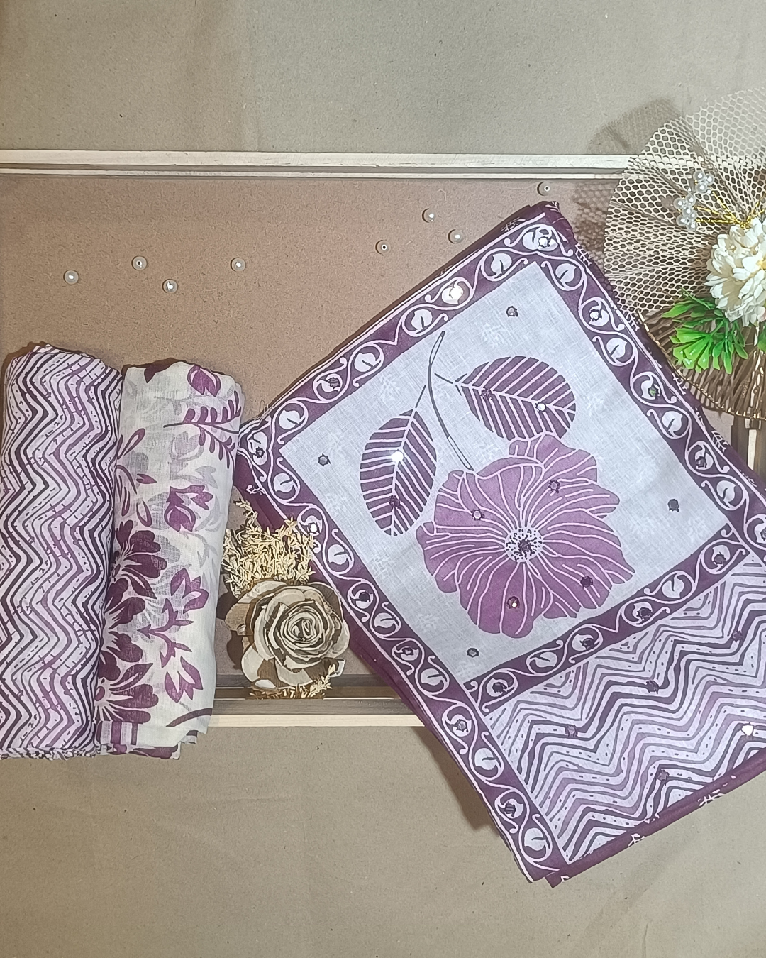 Purple And White Mal Cotton printed fabric Unstitched Salwar Suit