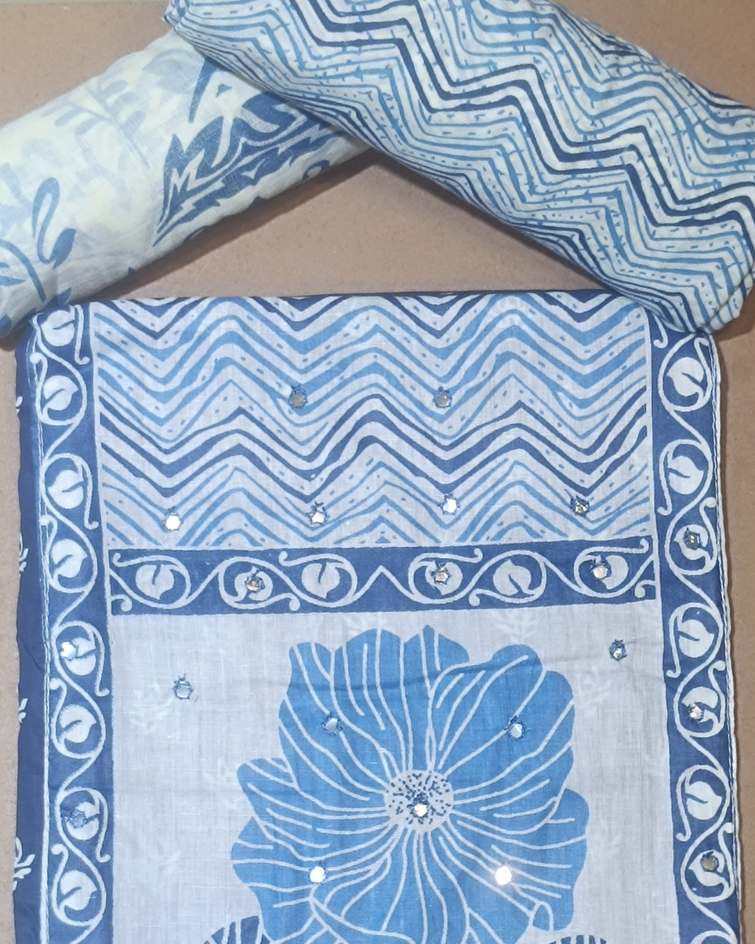 Blue And White Mal Cotton printed fabric Unstitched Salwar Suit
