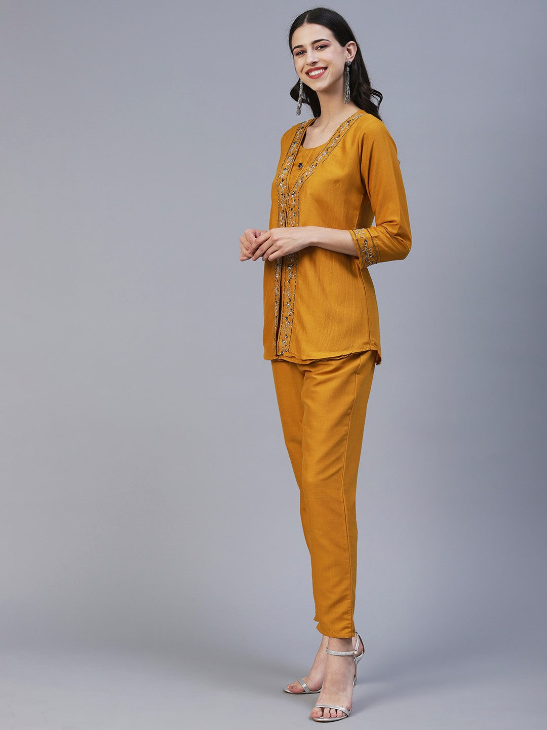 Mustard Yellow Hand Embroided Vatican Fabric Ready Co-Ord Set