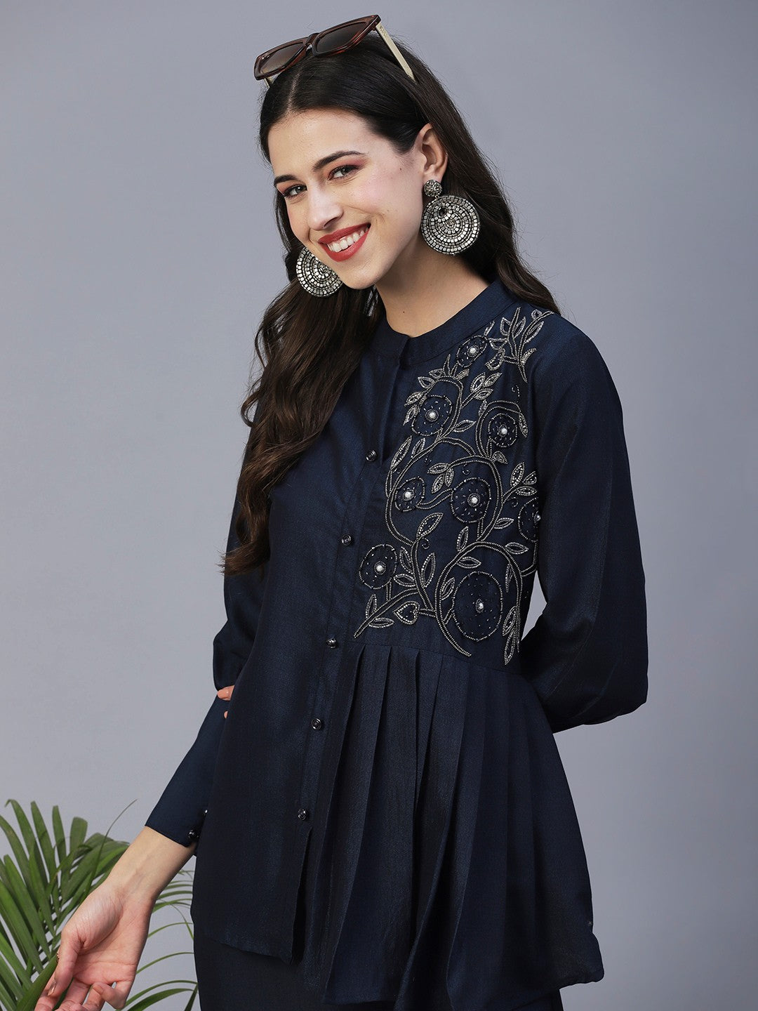 Navy Blue Hand Embroided Vatican Fabric Ready Co-Ord Set