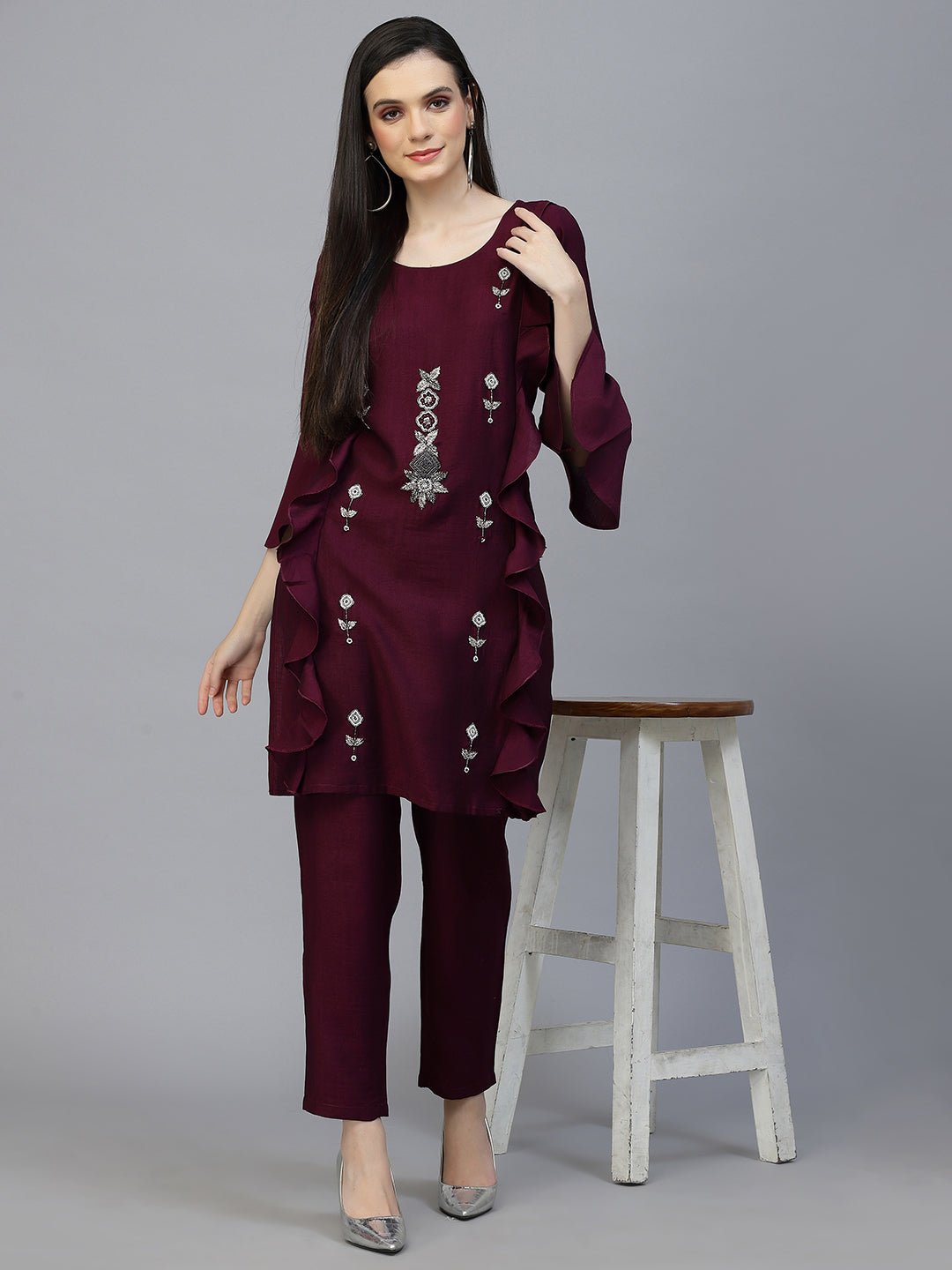 wine color Hand Embroidered Viscose Rayon Readymade Co-Ord Set