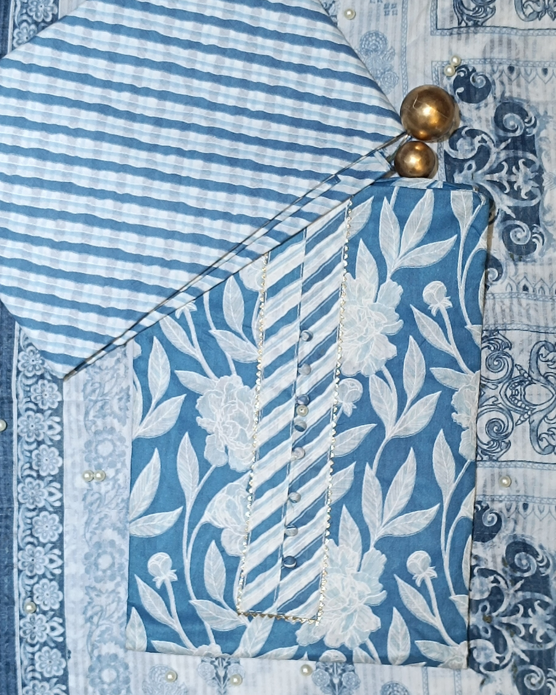 Blue And White Mal Cotton printed fabric Unstitched Salwar Suit
