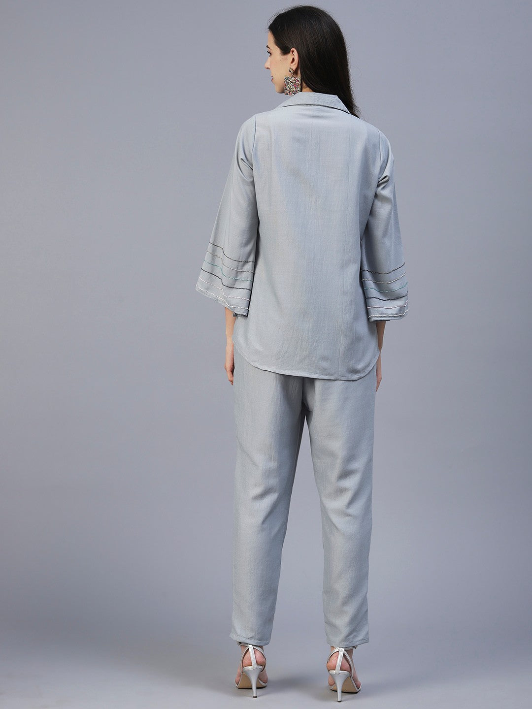 Grey Hand Embroidered Vatican Fabric Readymade Co-Ord Set