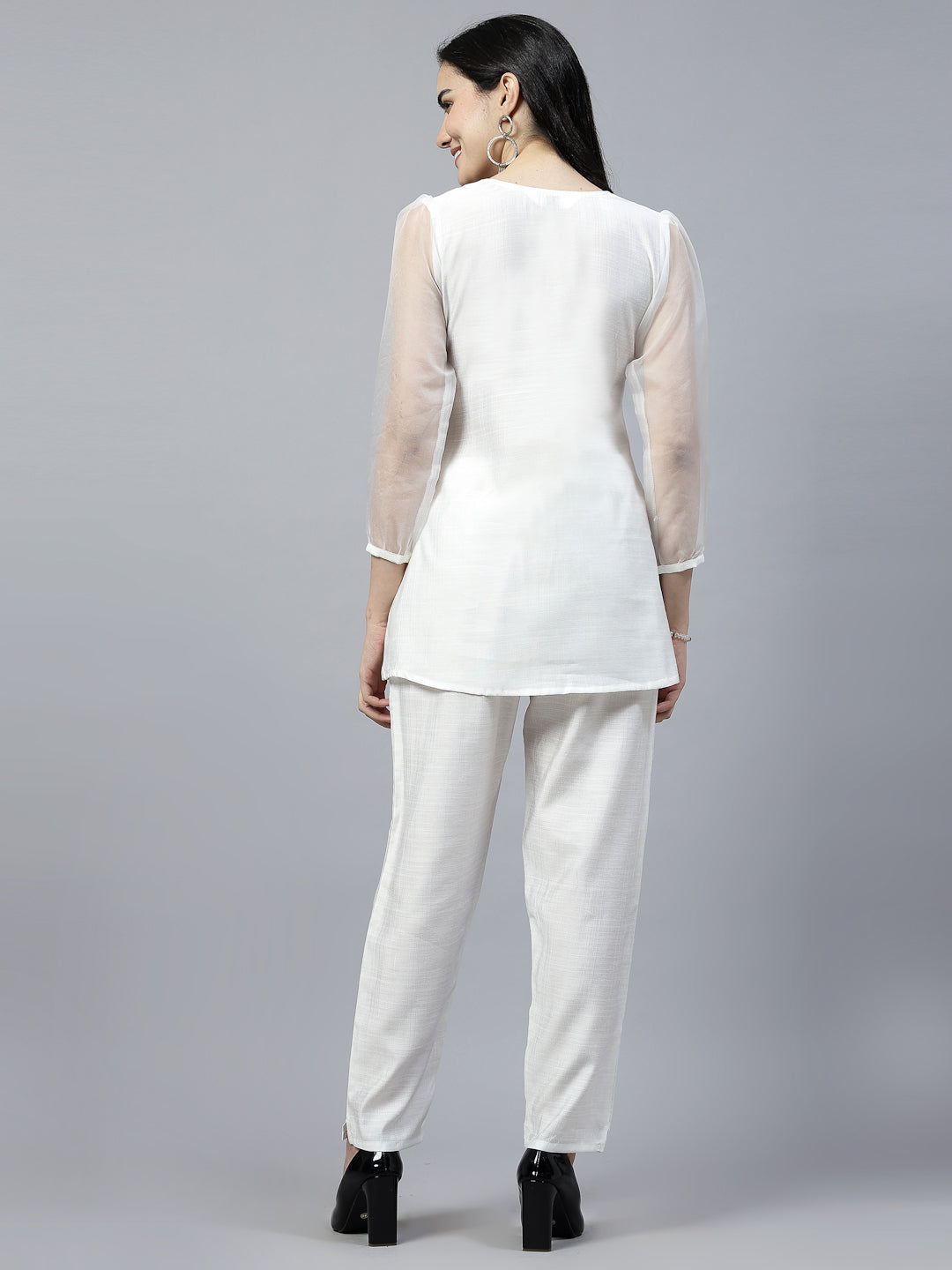 White Hand Embroidered Pure Cotton Readymade Co-Ord Set