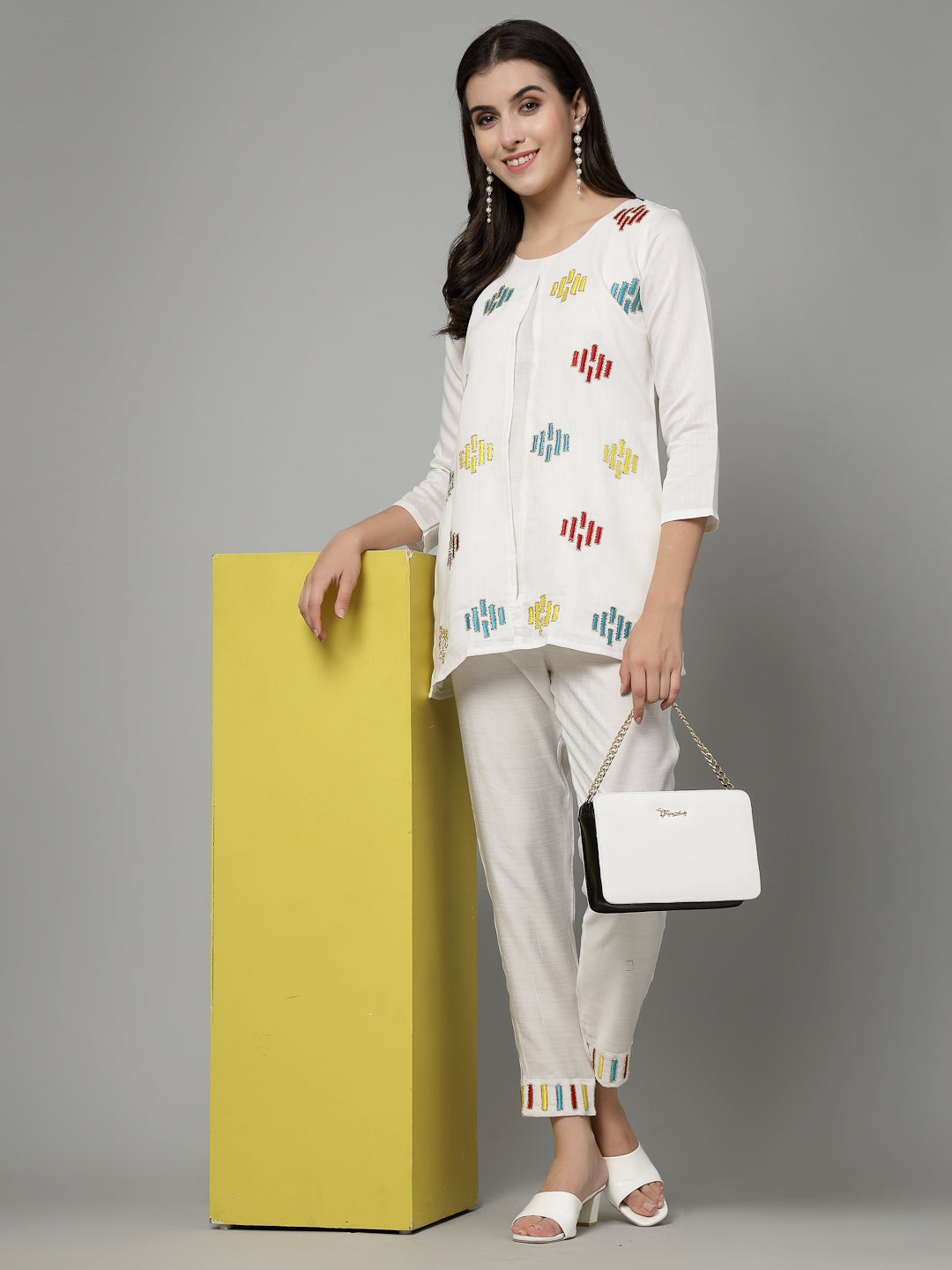 White Hand Embroidered Viscose Rayon Readymade Co-Ord Set