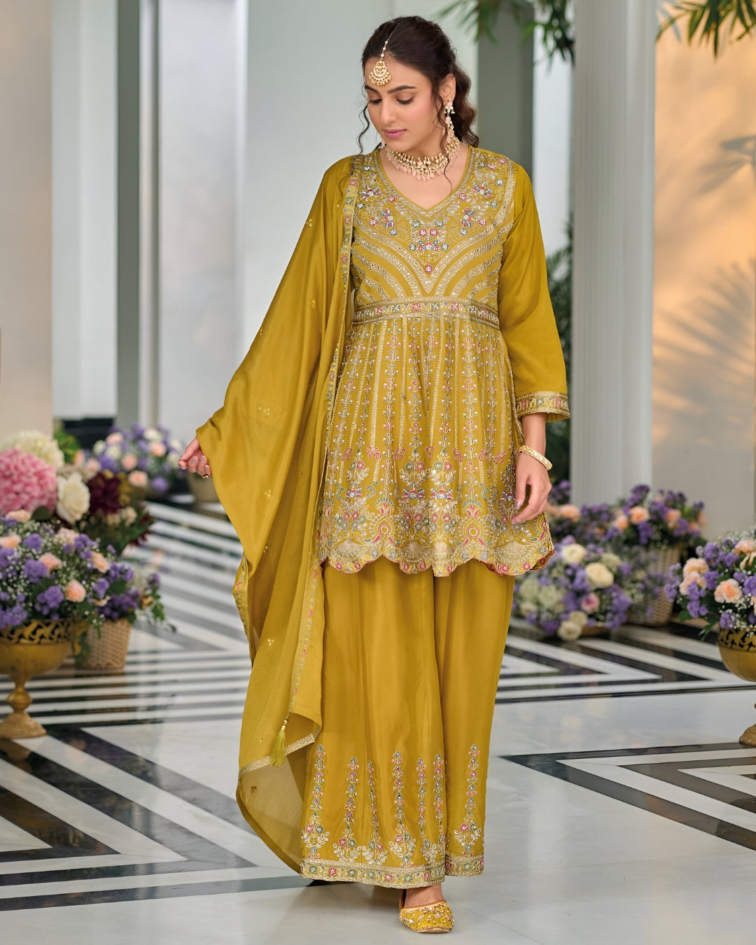 Mustard Yellow Emboidery Heavy Chinon Readymade Sharara Set