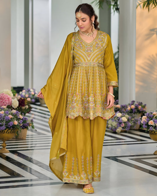 Mustard Yellow Emboidery Heavy Chinon Readymade Sharara Set