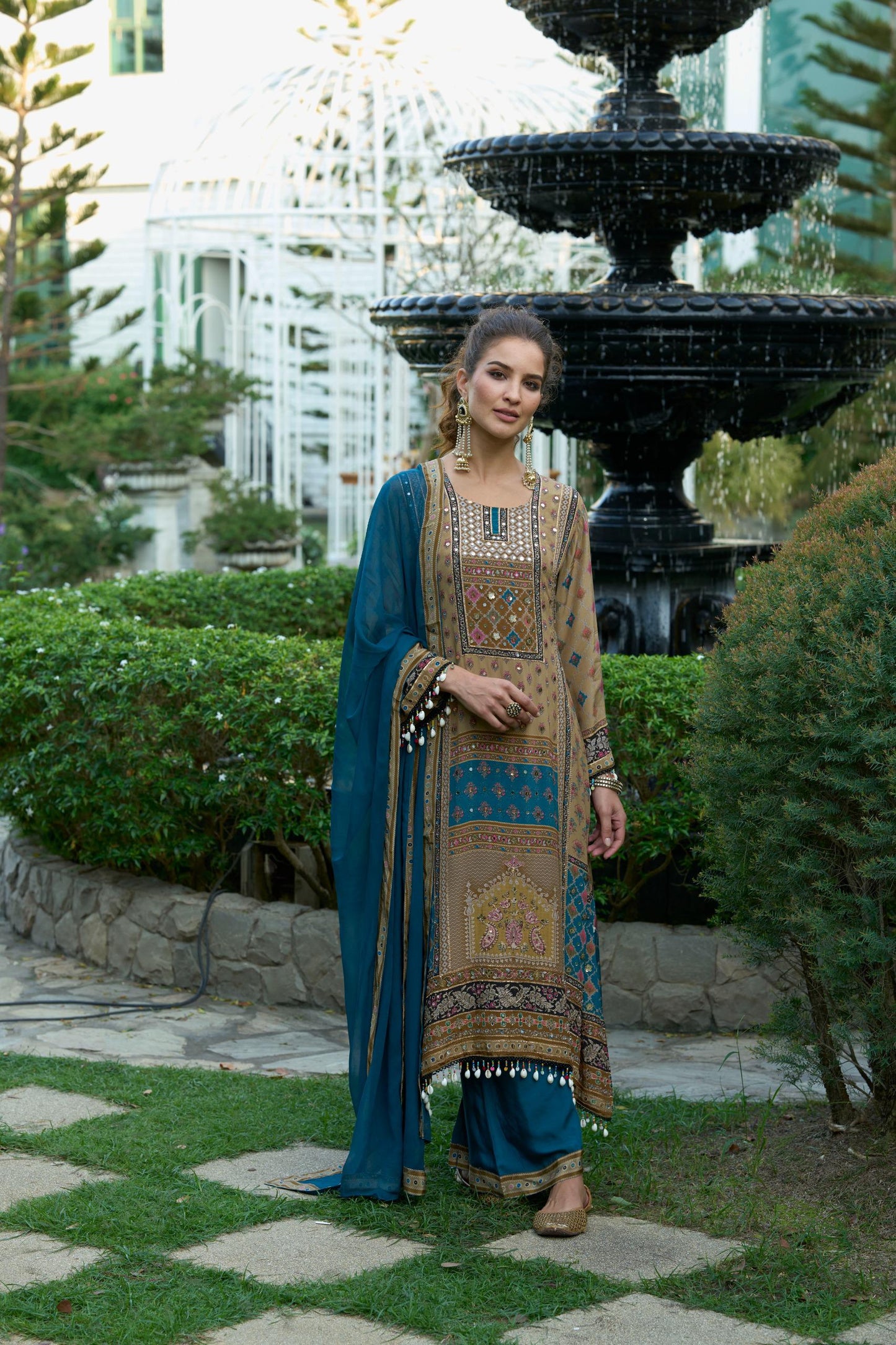 Blue And Cream Beads Embroidery Pure Crape Readymade Palazzo Set