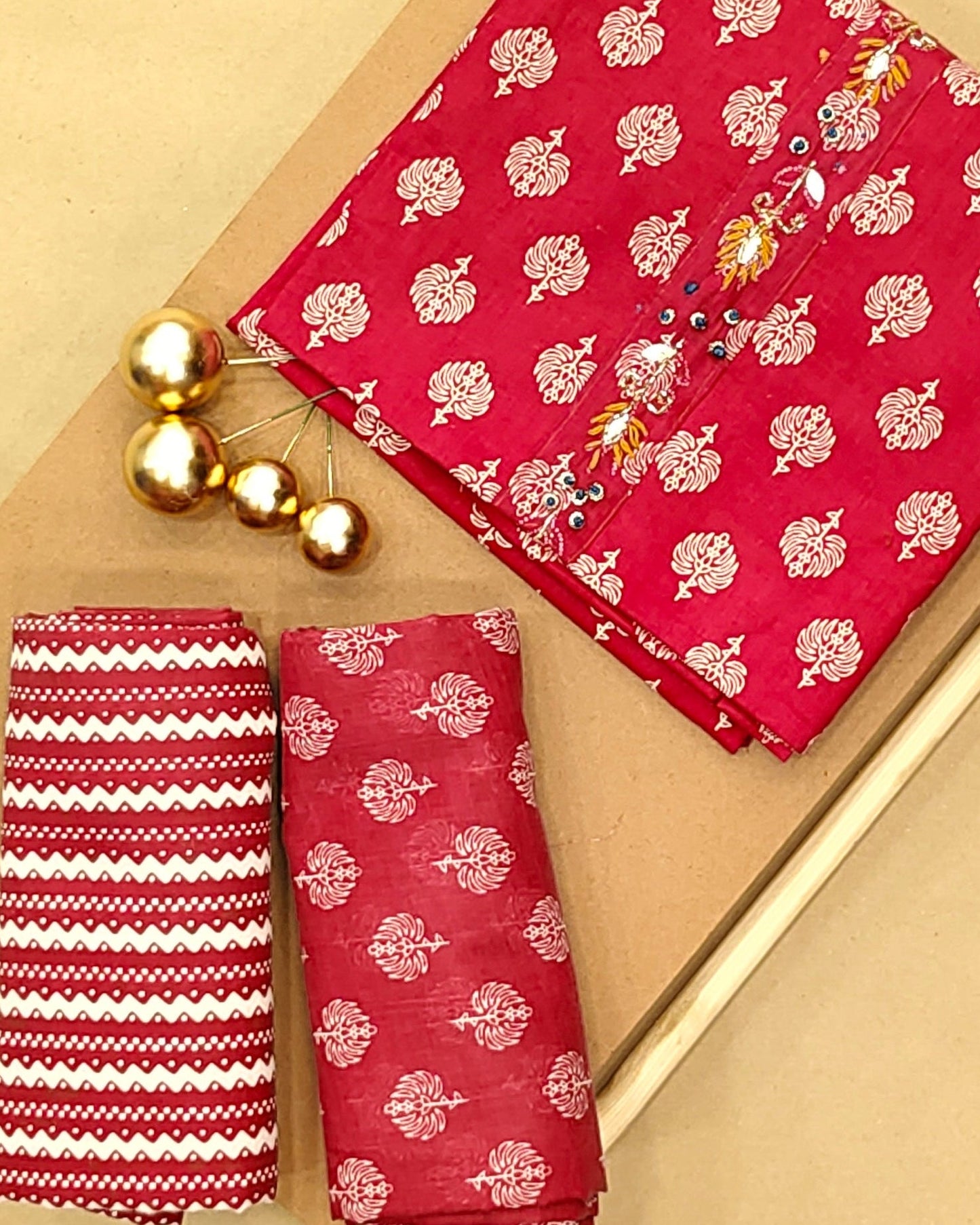 Red Mal Cotton printed fabric Unstitched Salwar Suit