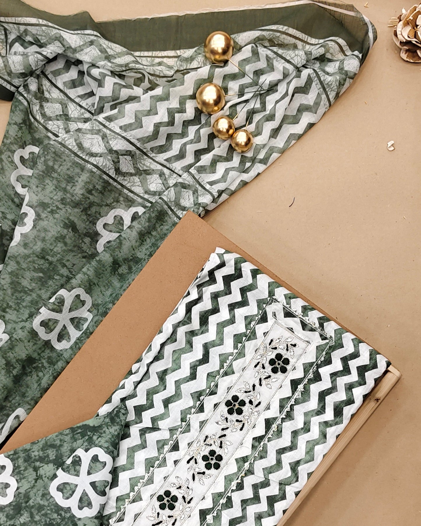 Dark Green And White Mal Cotton printed fabric Unstitched Salwar Suit