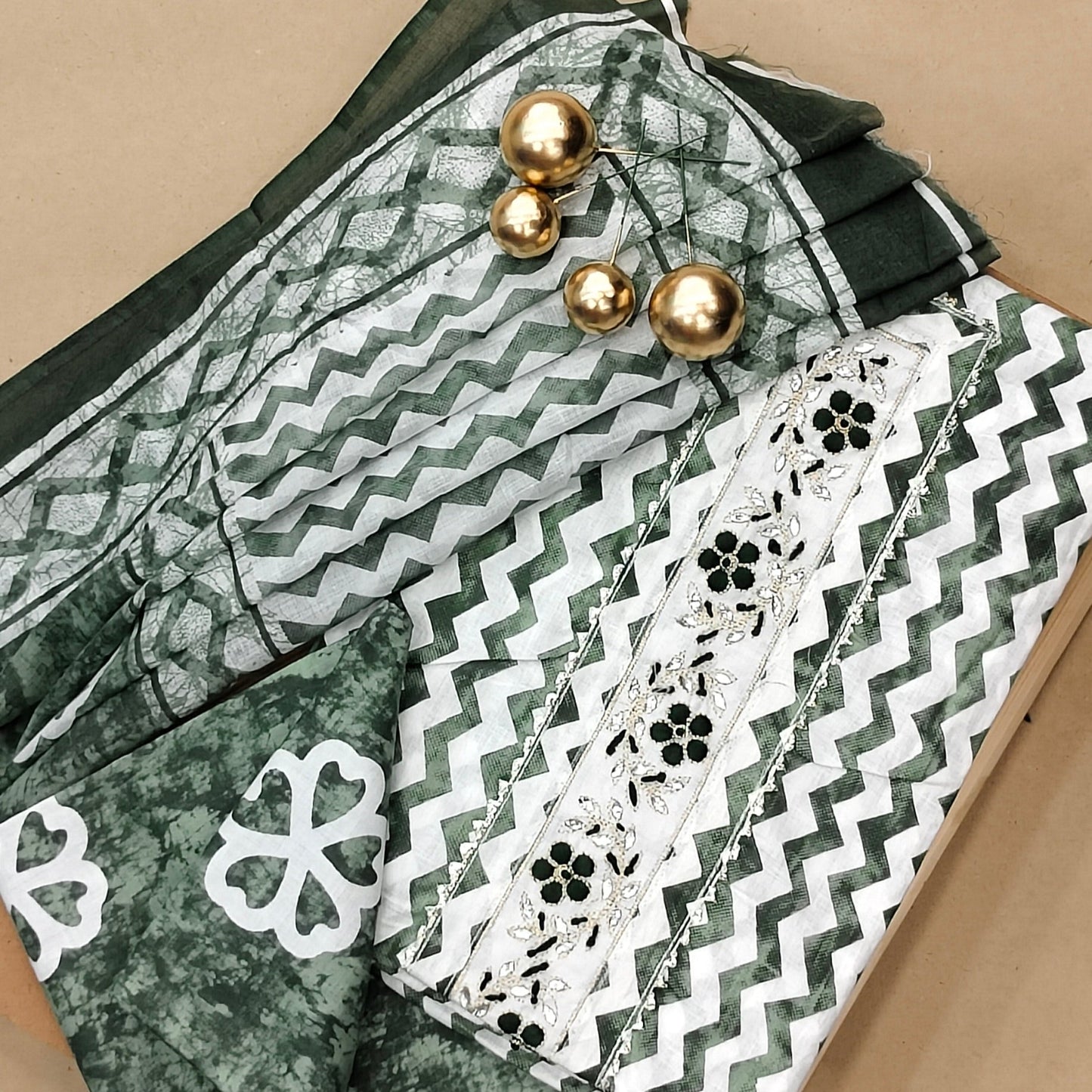 Dark Green And White Mal Cotton printed fabric Unstitched Salwar Suit