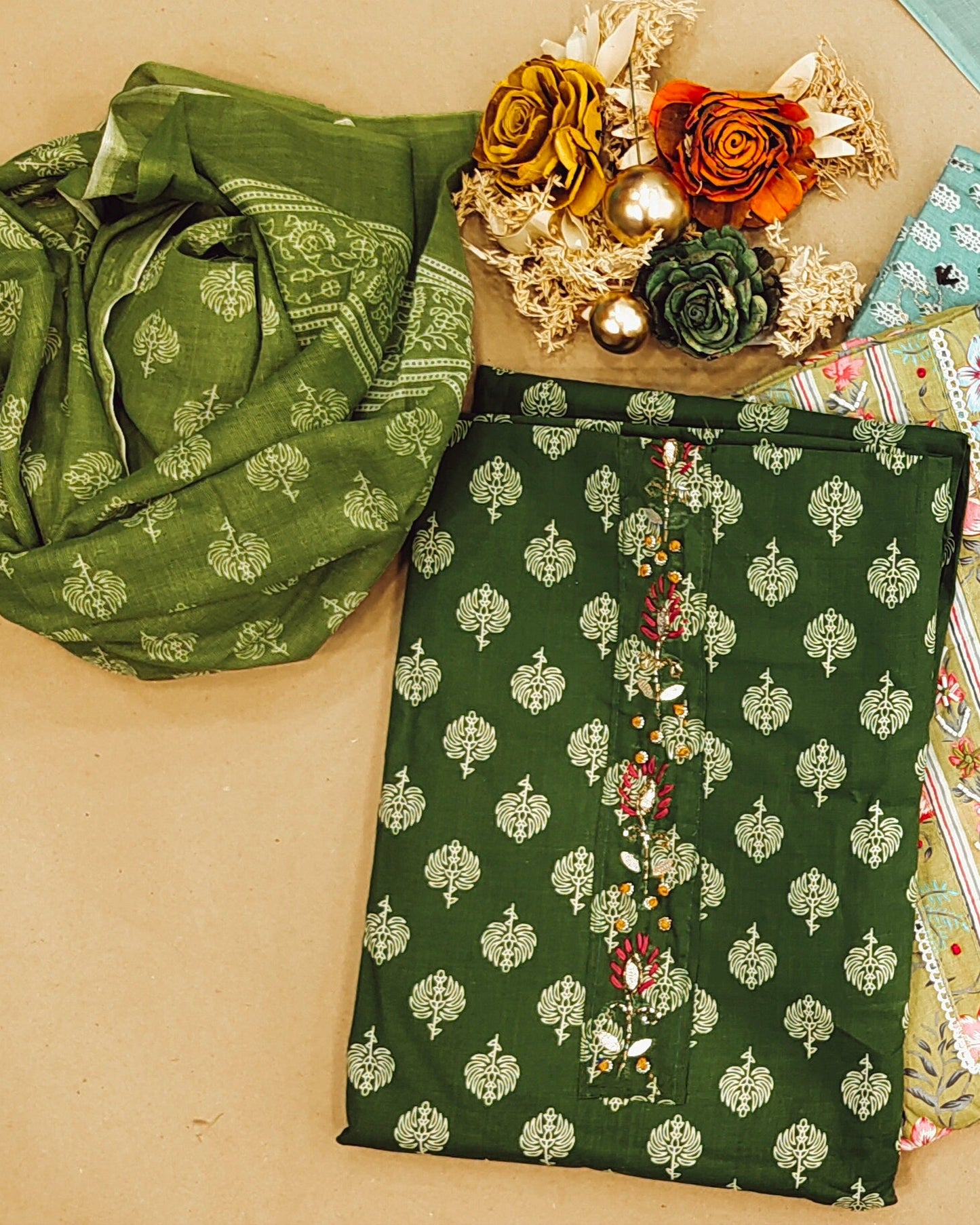 Dark Green Mal Cotton printed fabric Unstitched Salwar Suit