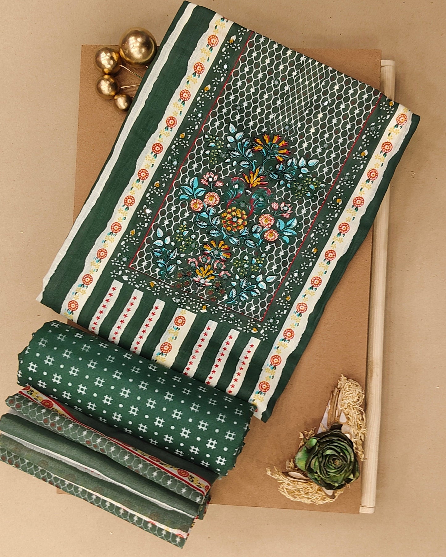 Dark Green Mal Cotton printed fabric Unstitched Salwar Suit