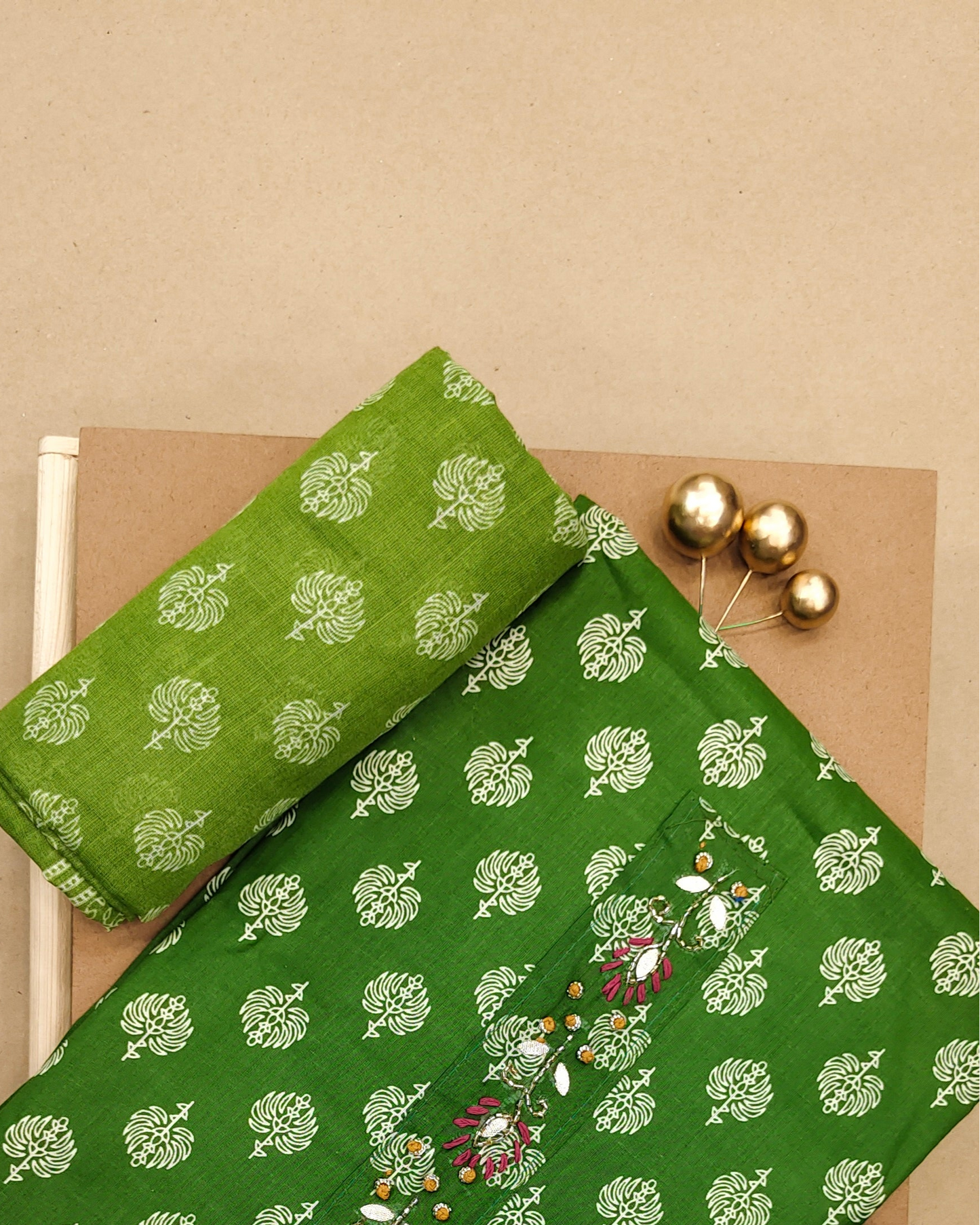 Dark Green Mal Cotton printed fabric Unstitched Salwar Suit