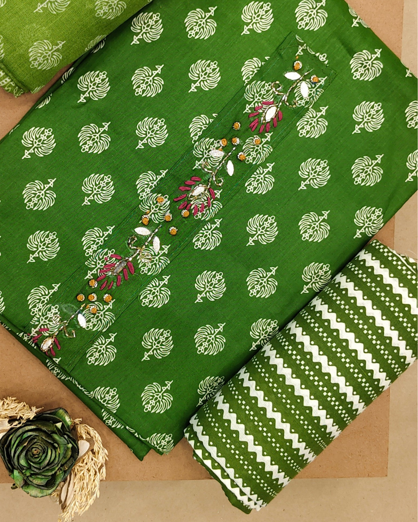 Dark Green Mal Cotton printed fabric Unstitched Salwar Suit