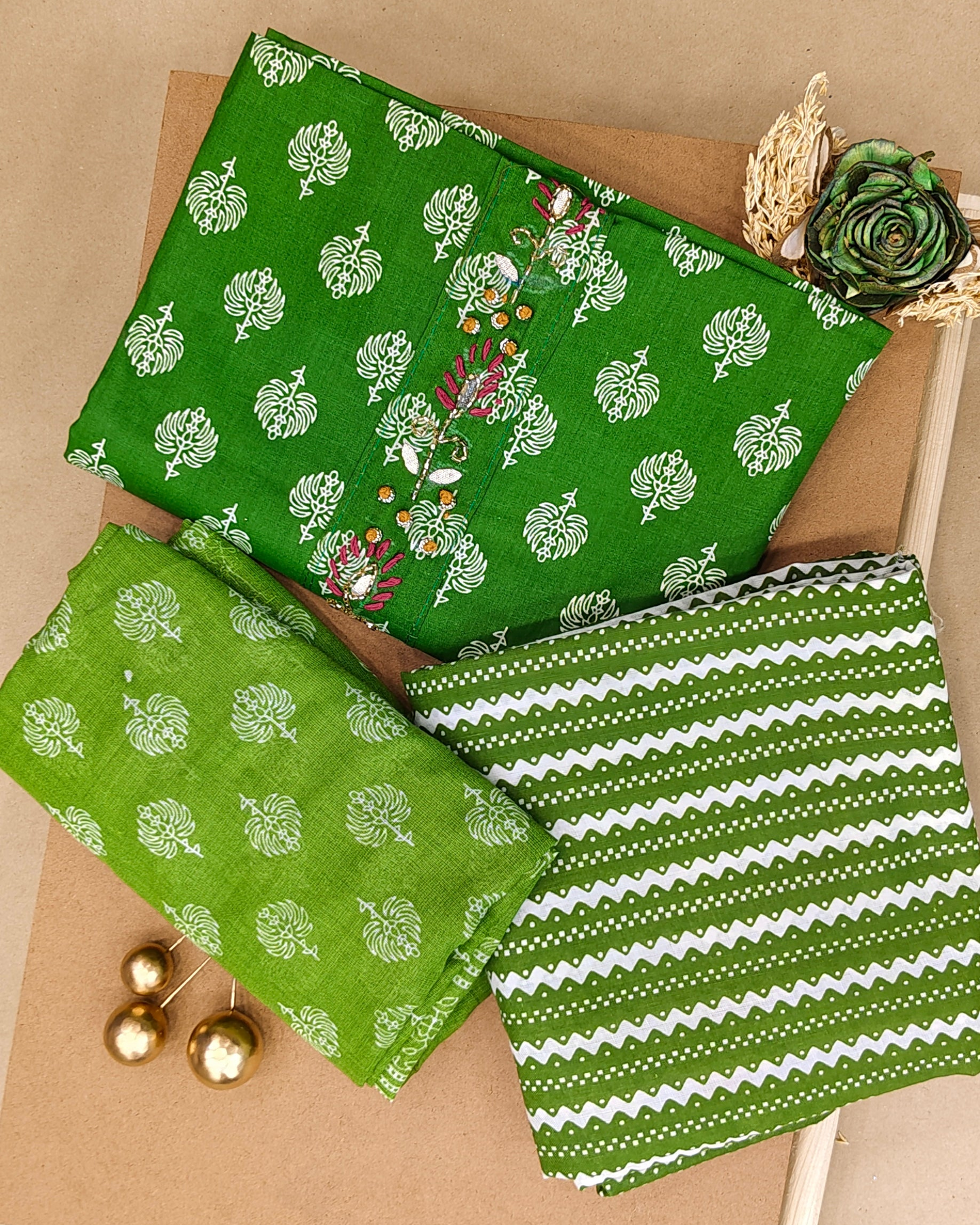 Dark Green Mal Cotton printed fabric Unstitched Salwar Suit