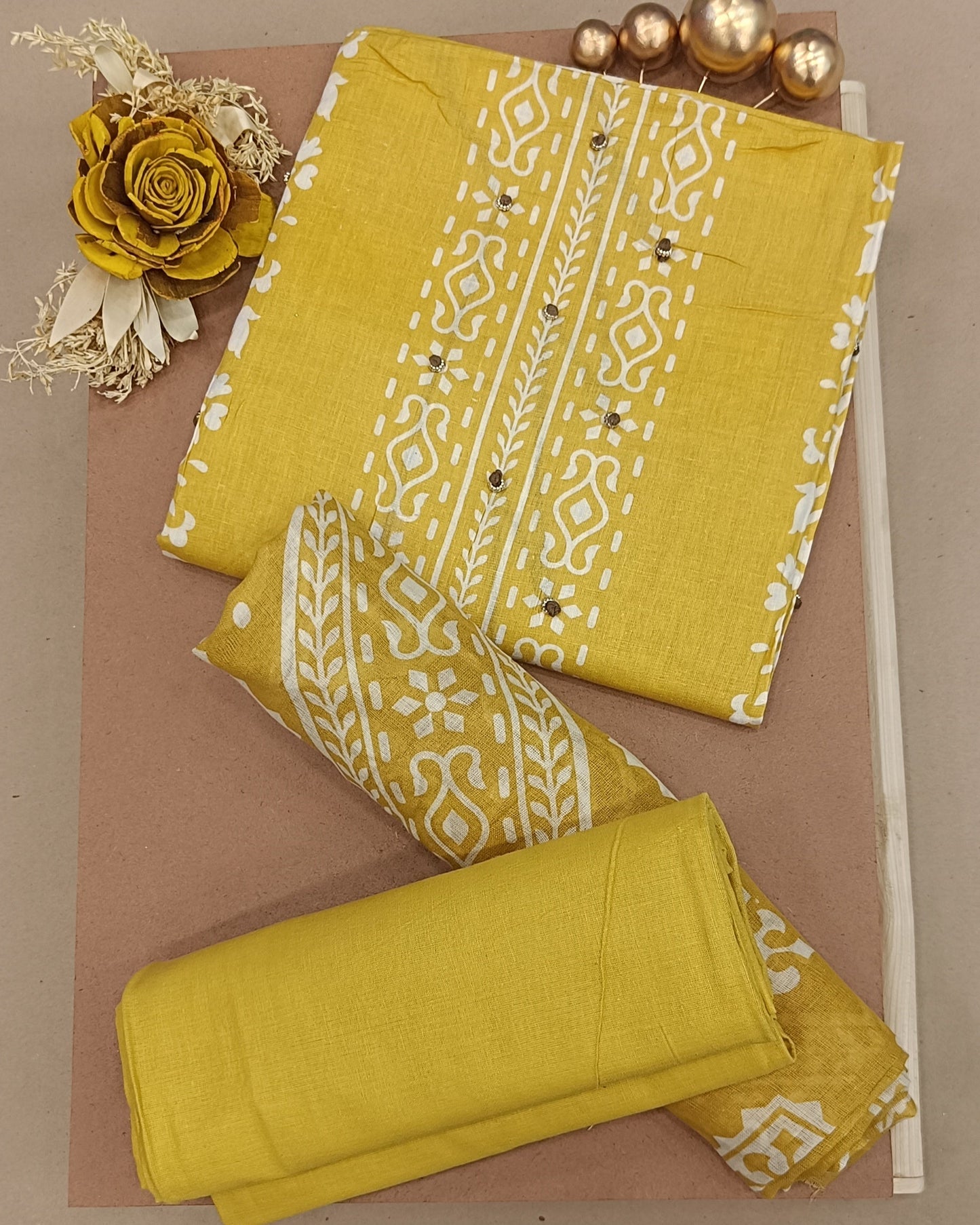 Yellow Mal Cotton printed fabric Unstitched Salwar Suit