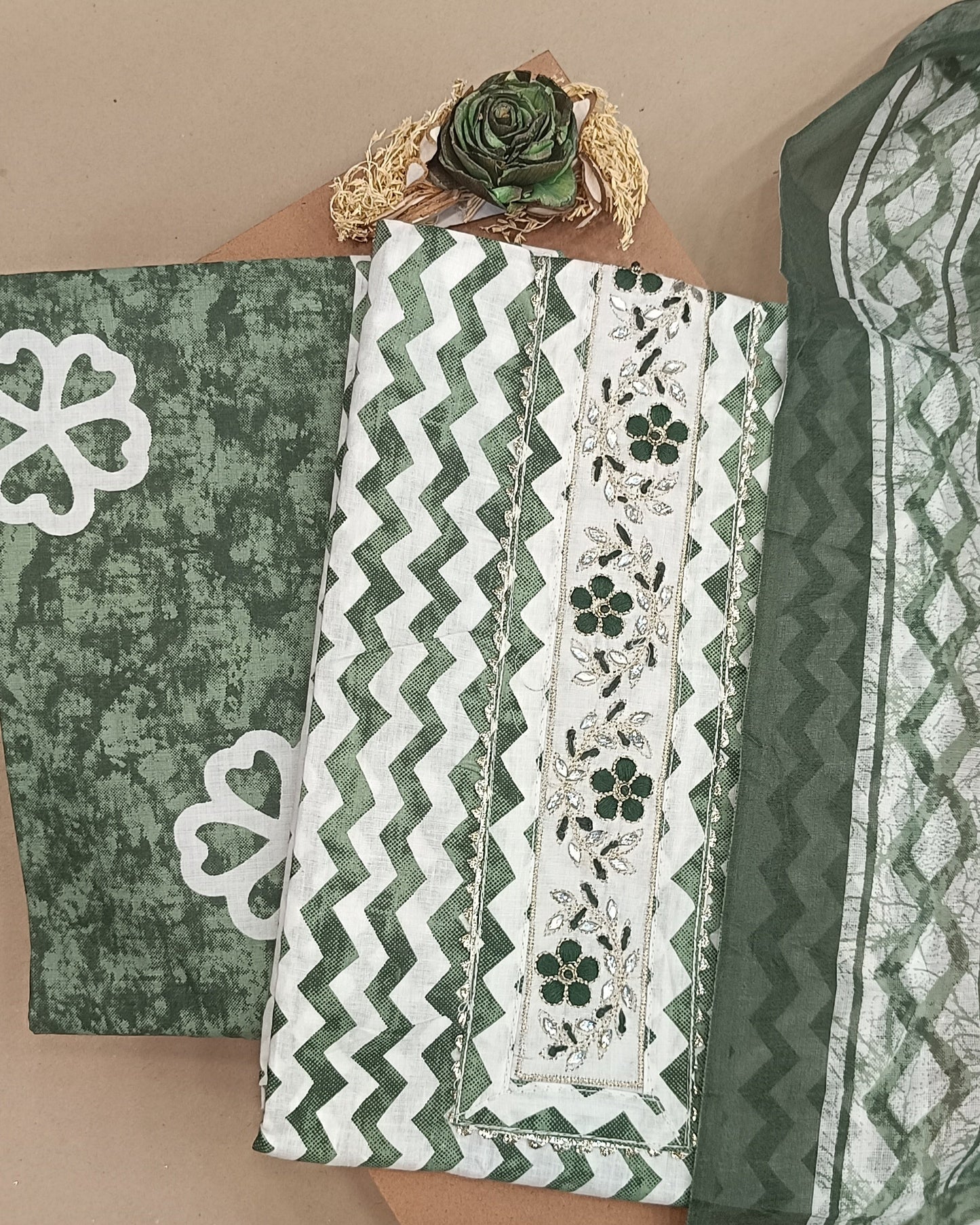 Green and White Mal Cotton printed fabric Unstitched Salwar Suit