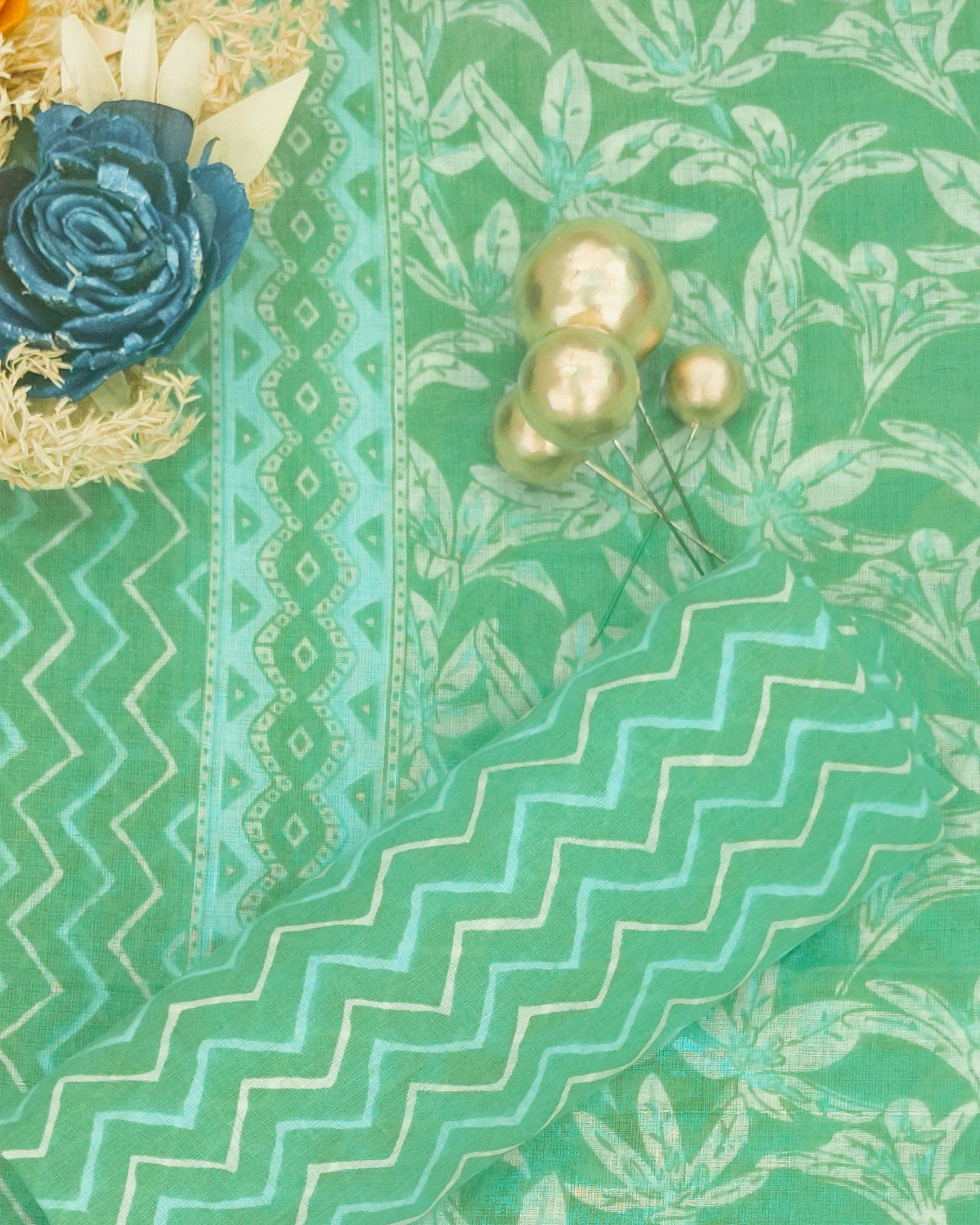 Green Mal Cotton printed fabric Unstitched Salwar Suit