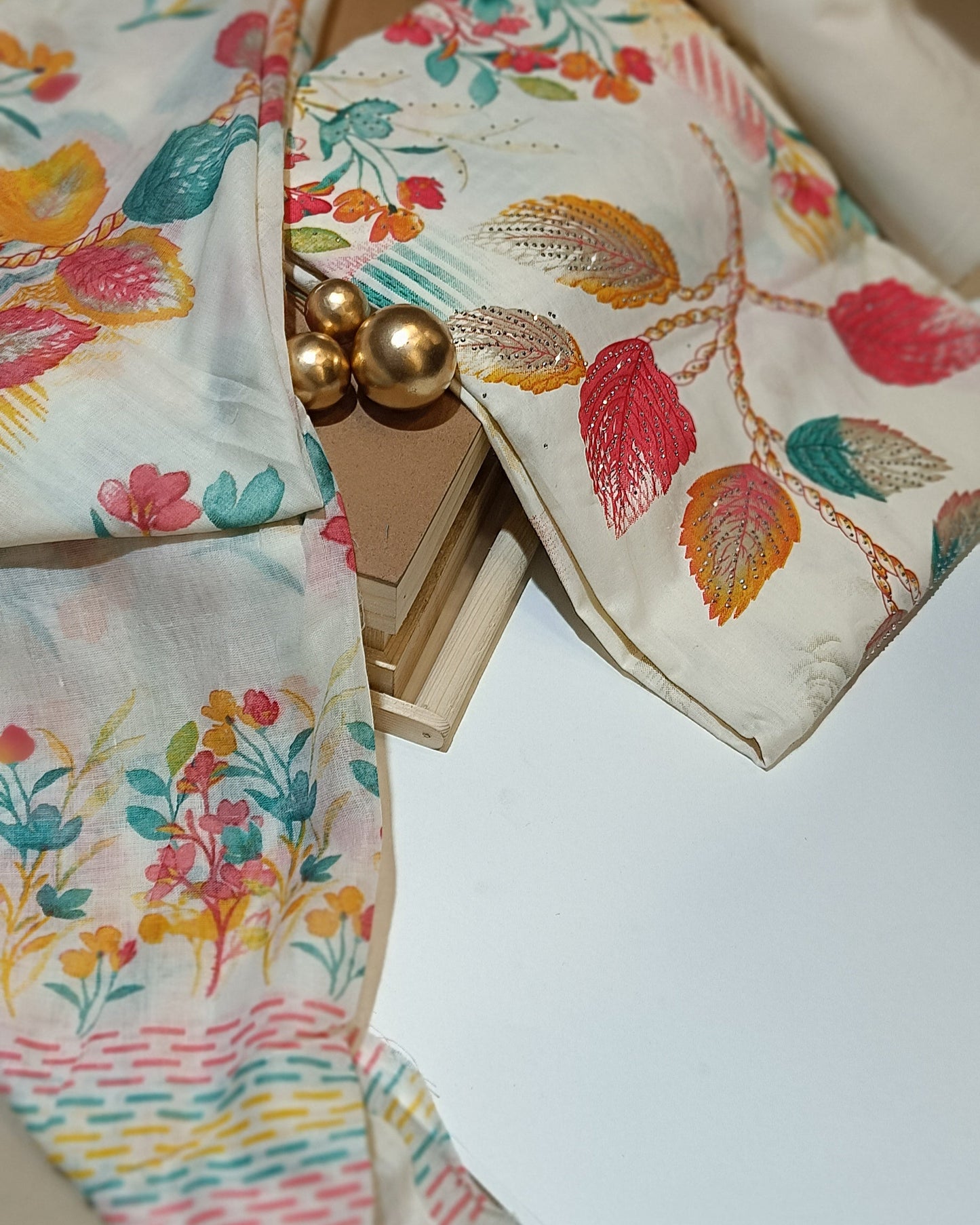 White And Gold Mal Cotton printed fabric Unstitched Salwar Suit