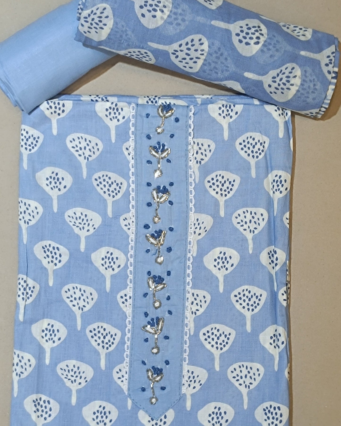Sky Blue And White Mal Cotton printed fabric Unstitched Salwar Suit