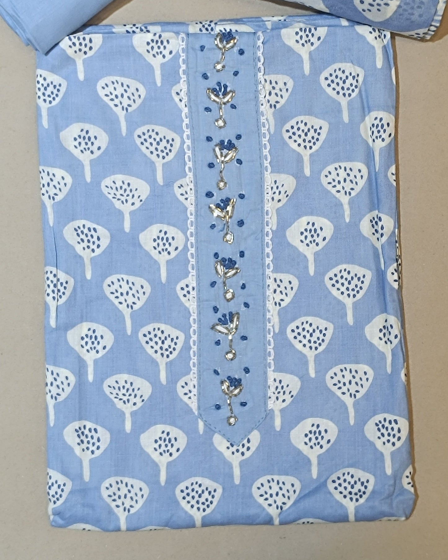 Sky Blue And White Mal Cotton printed fabric Unstitched Salwar Suit