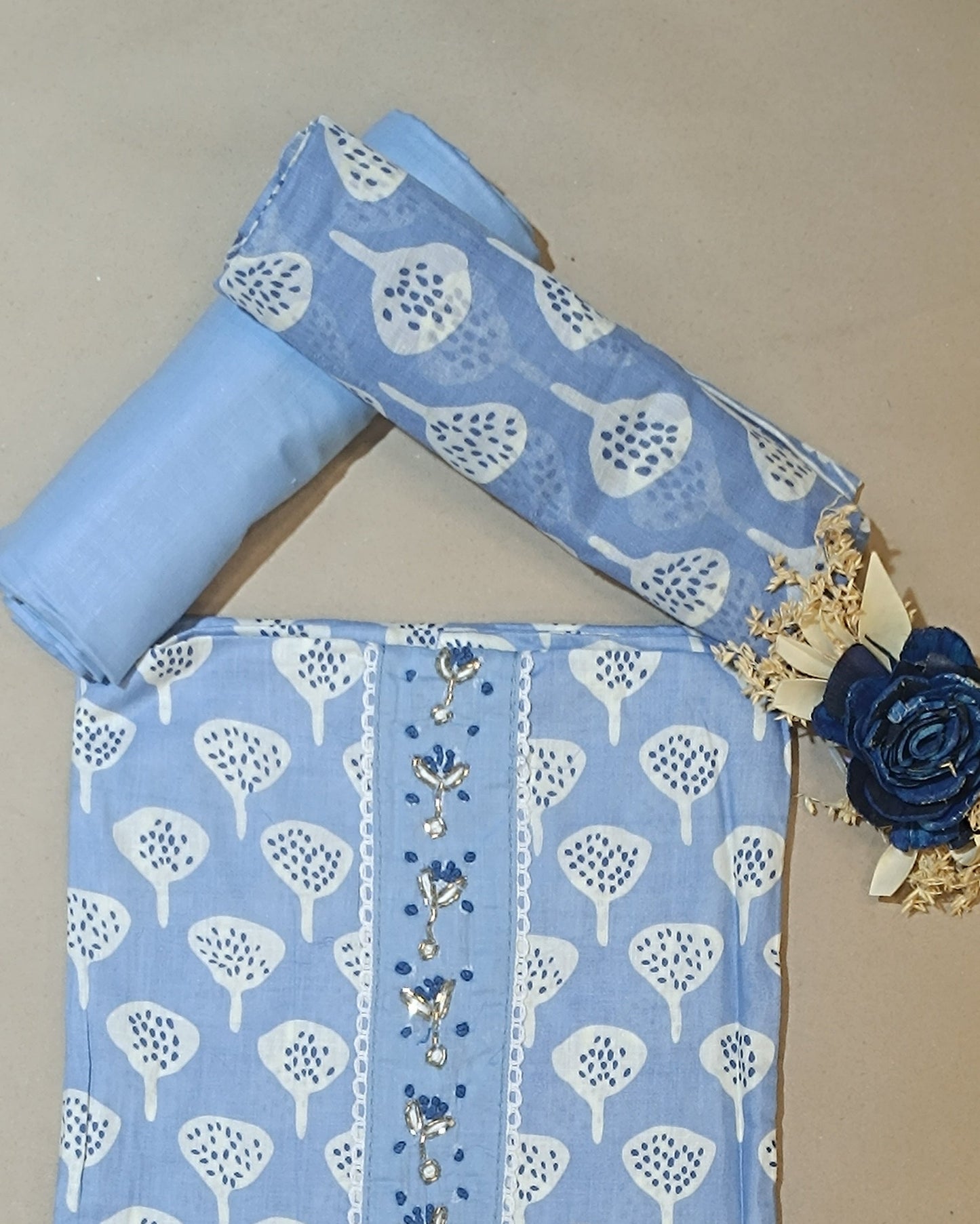 Sky Blue And White Mal Cotton printed fabric Unstitched Salwar Suit