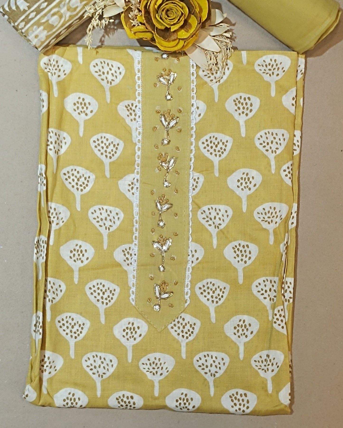 Light Yellow Mal Cotton printed fabric Unstitched Salwar Suit