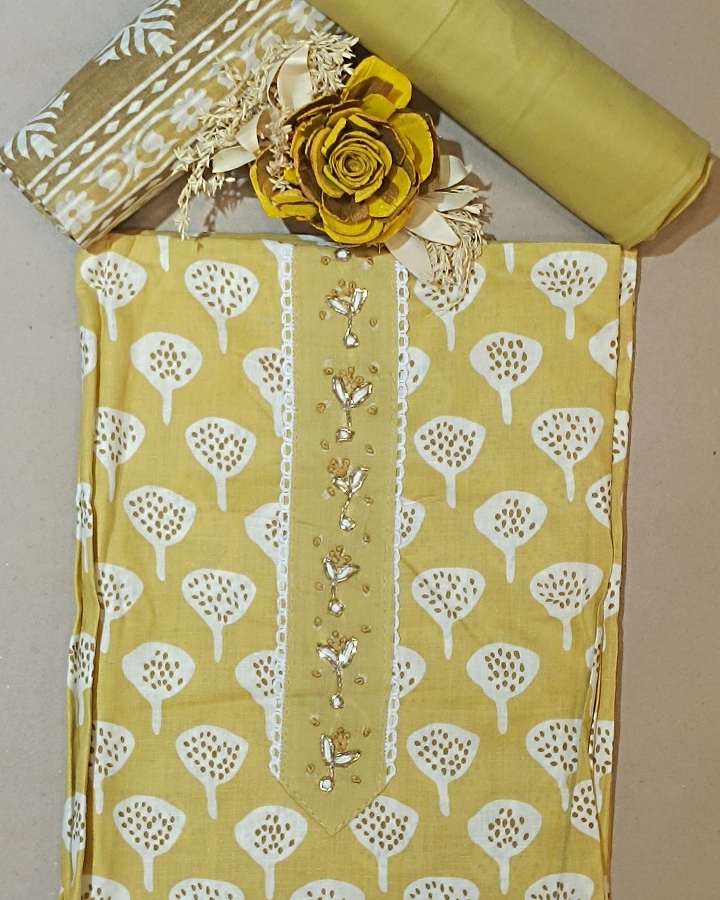 Light Yellow Mal Cotton printed fabric Unstitched Salwar Suit