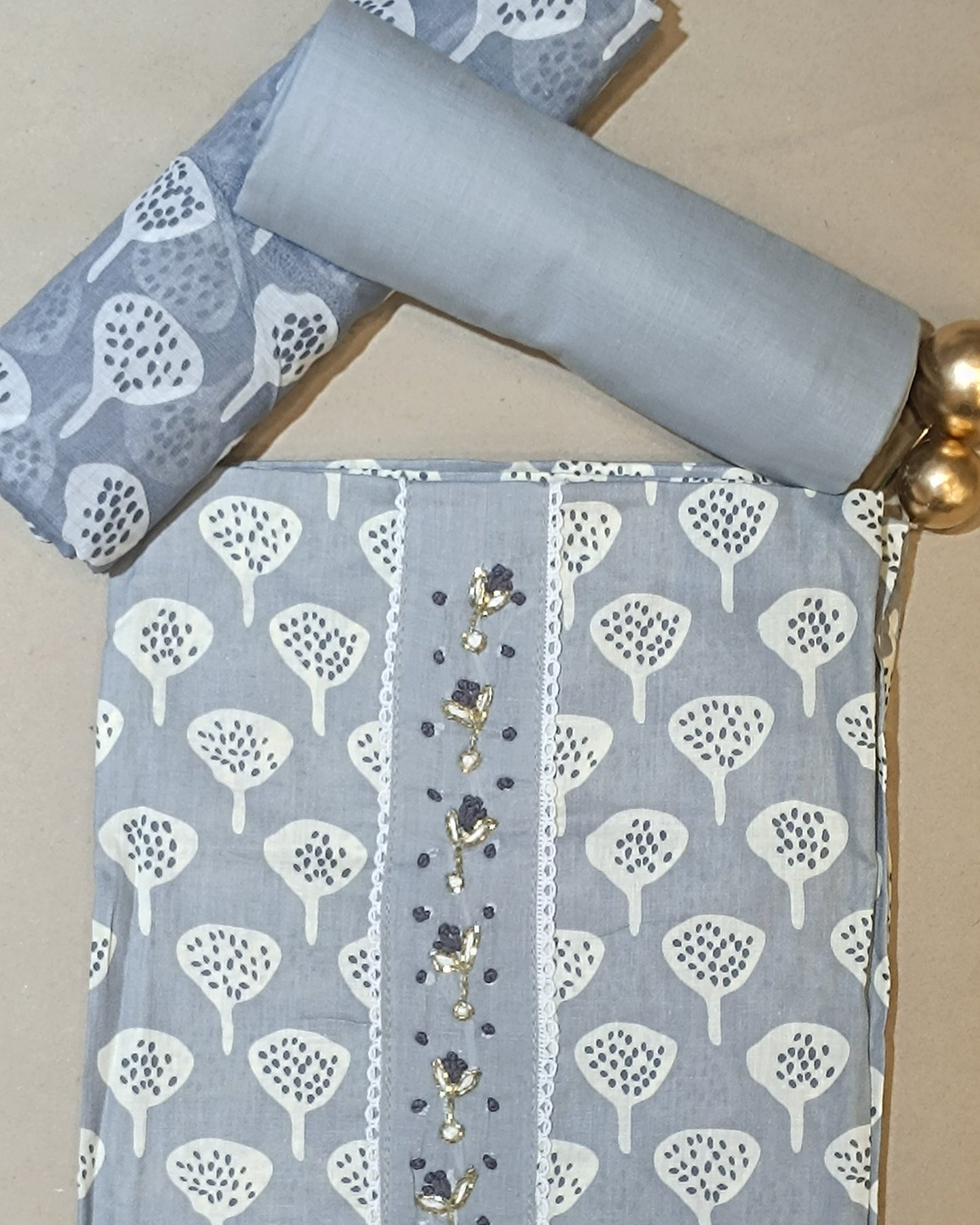Light grey Mal Cotton printed fabric Unstitched Salwar Suit