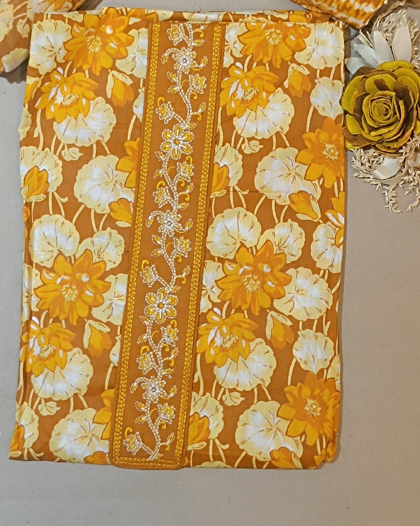 Dark Yellow Mal Cotton printed fabric Unstitched Salwar Suit