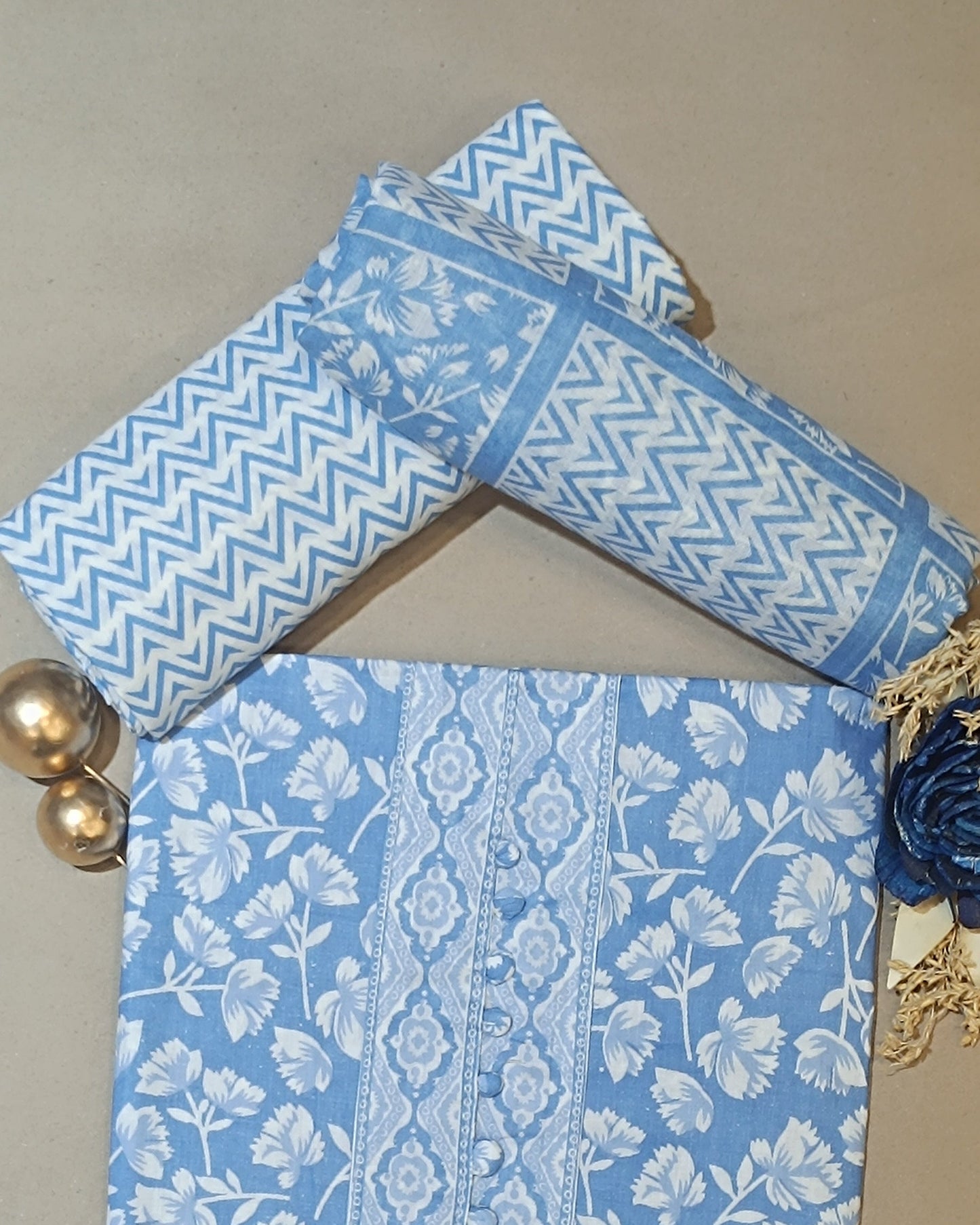 Blue And White Mal Cotton printed fabric Unstitched Salwar Suit