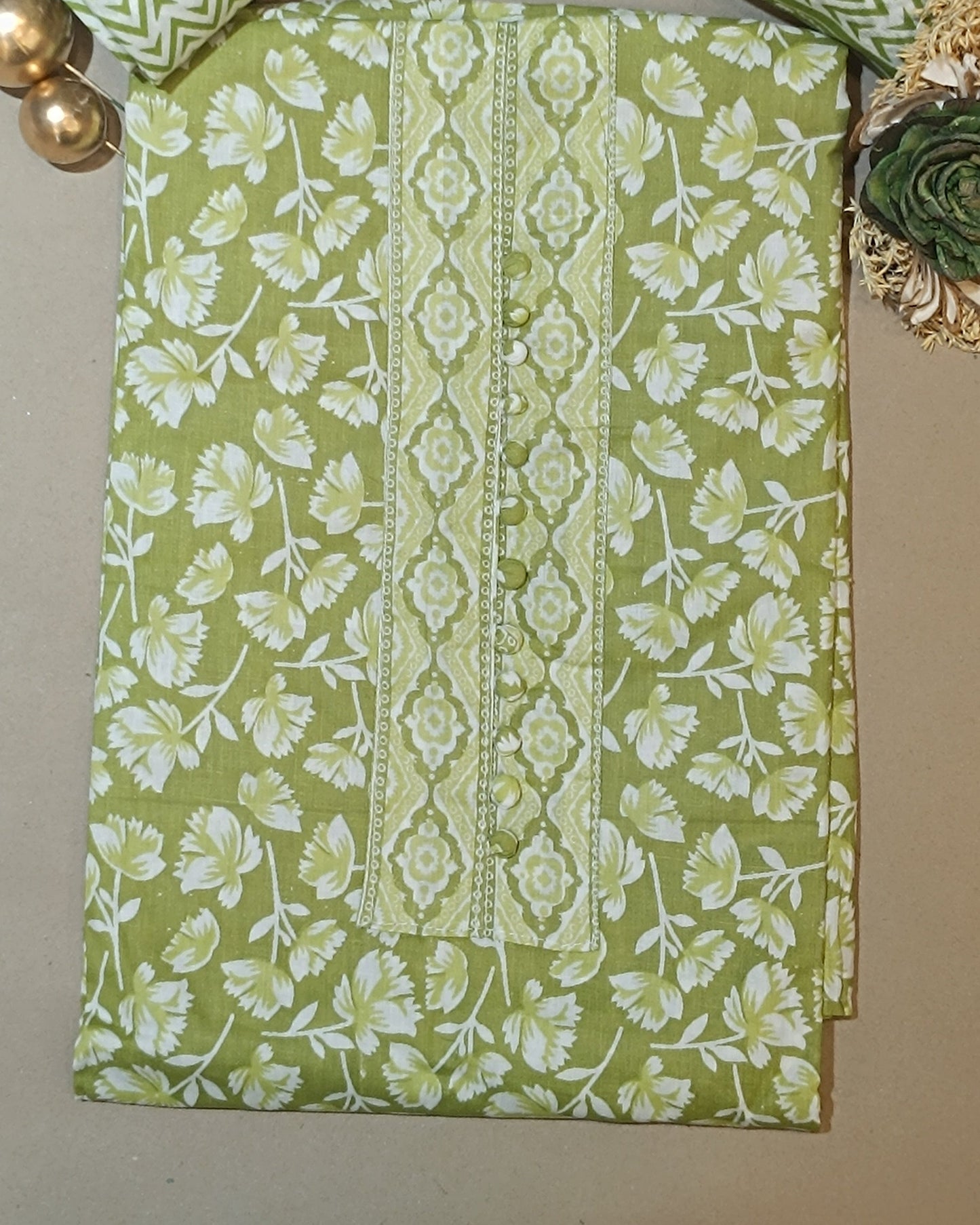 Green And White Mal Cotton printed fabric Unstitched Salwar Suit