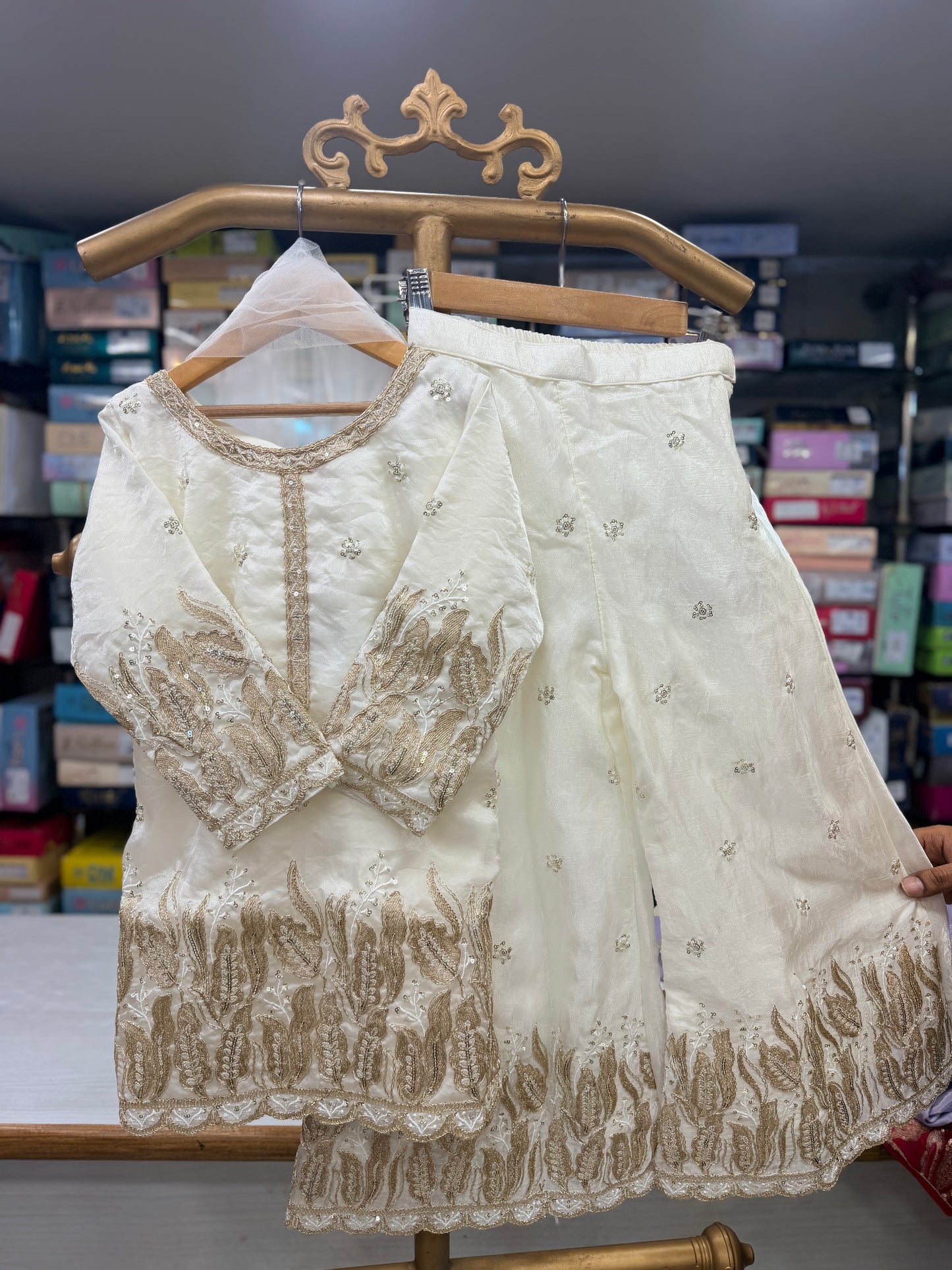 Off-White Heavy Gold Embroidered Sharara Suit Set