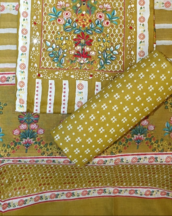 Mustard Yellow Mal Cotton printed fabric Unstitched Salwar Suit