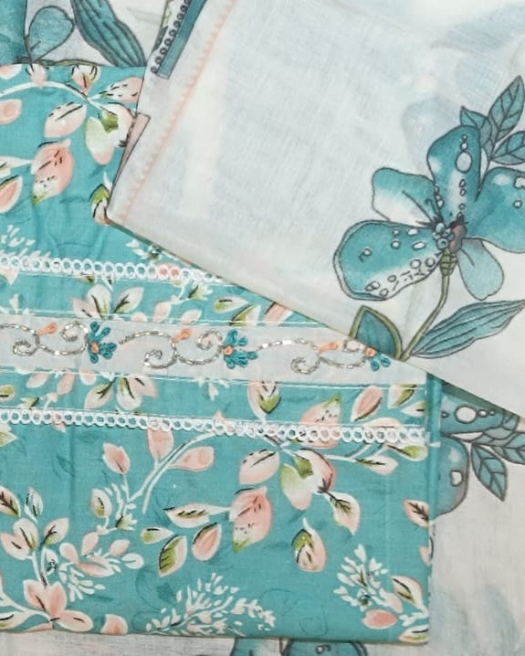 Blue and white Mal Cotton printed fabric Unstitched Salwar Suit