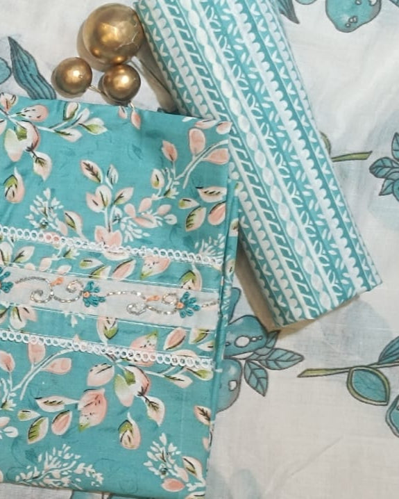Blue and white Mal Cotton printed fabric Unstitched Salwar Suit