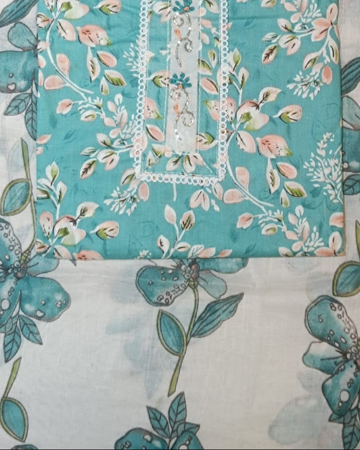 Blue and white Mal Cotton printed fabric Unstitched Salwar Suit