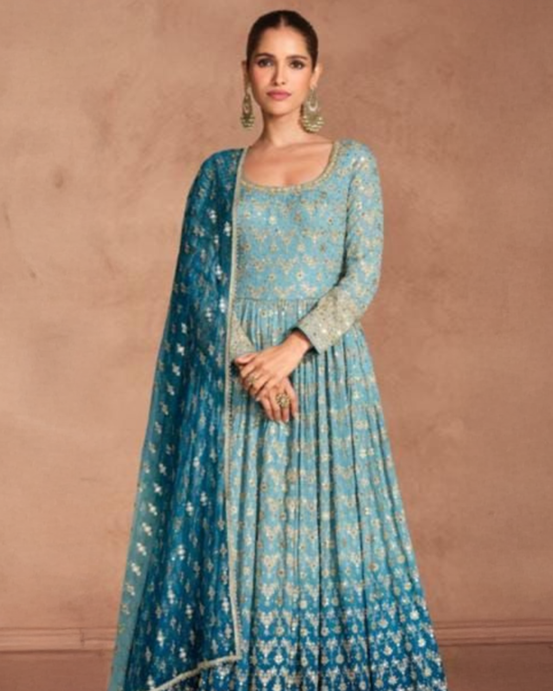 Blue Embroidered Real Georgette Readymade Anarkali Set