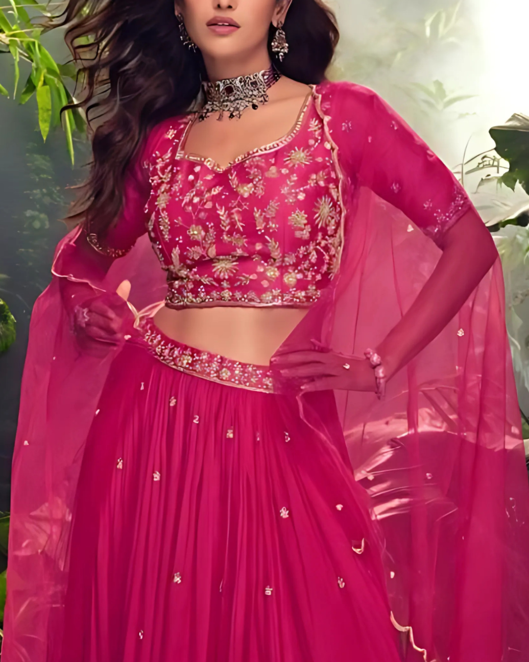Dark Pink Embroidered Heavy Silk Chinon Readymade Lehenga