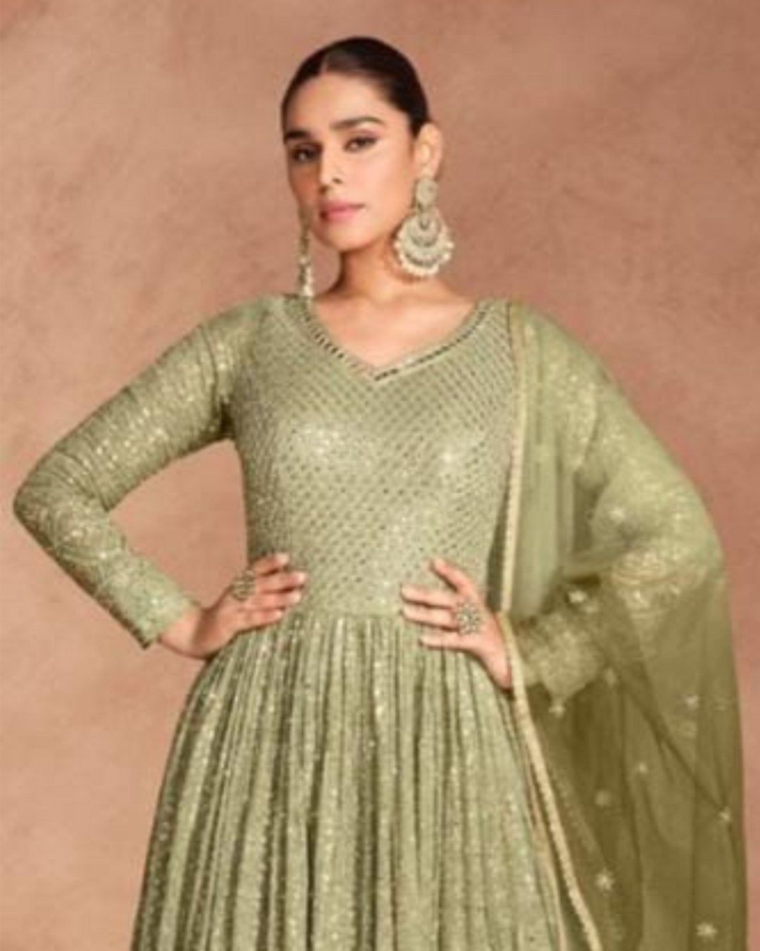Pista Green Embroidered Real Georgette Readymade Anarkali Set